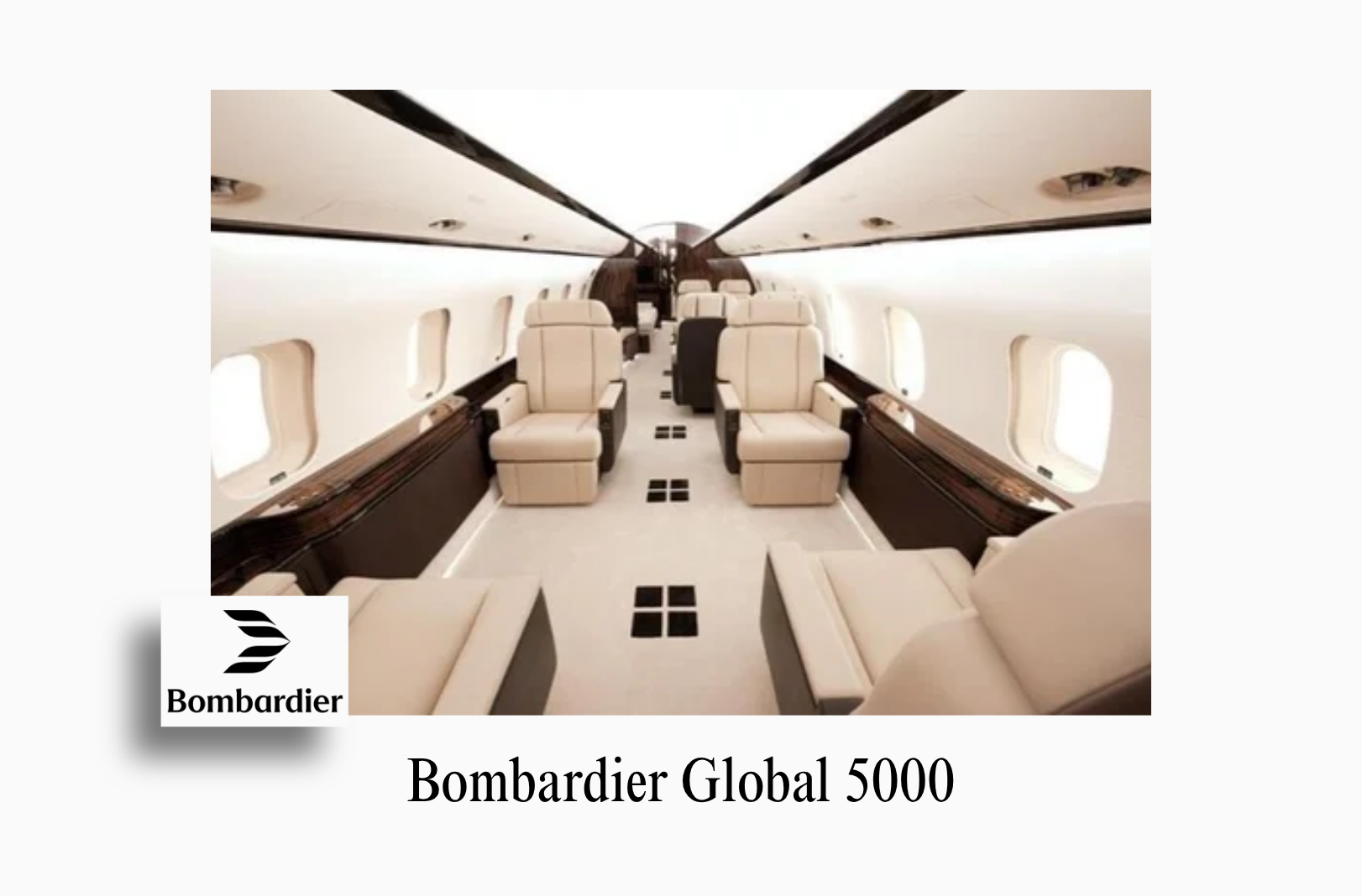 An image showcasing the bespoke private jet interior of a Bombardier Global 5000 by Sarah Larranaga