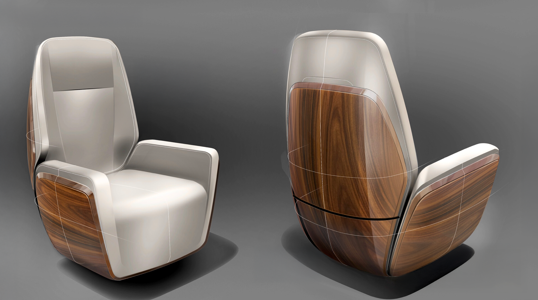 Two modern, high-back chairs designed by Sarah Larranaga with beige upholstery and wooden accents on the sides and front, set against a gray background.