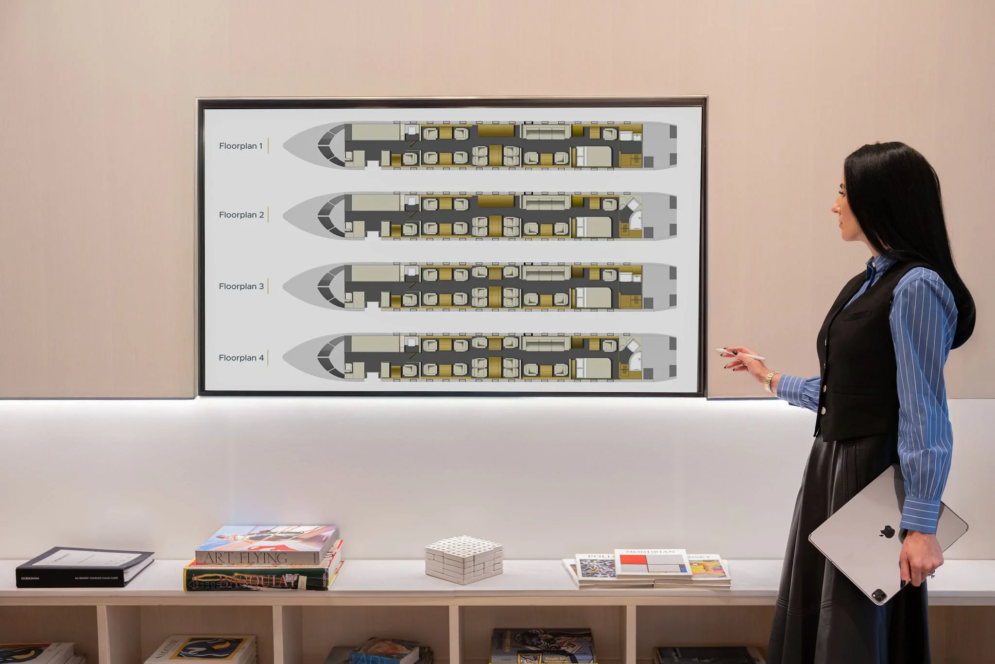Private jet designer Sarah Larranaga conceptualizing and planning the space for a private jet.