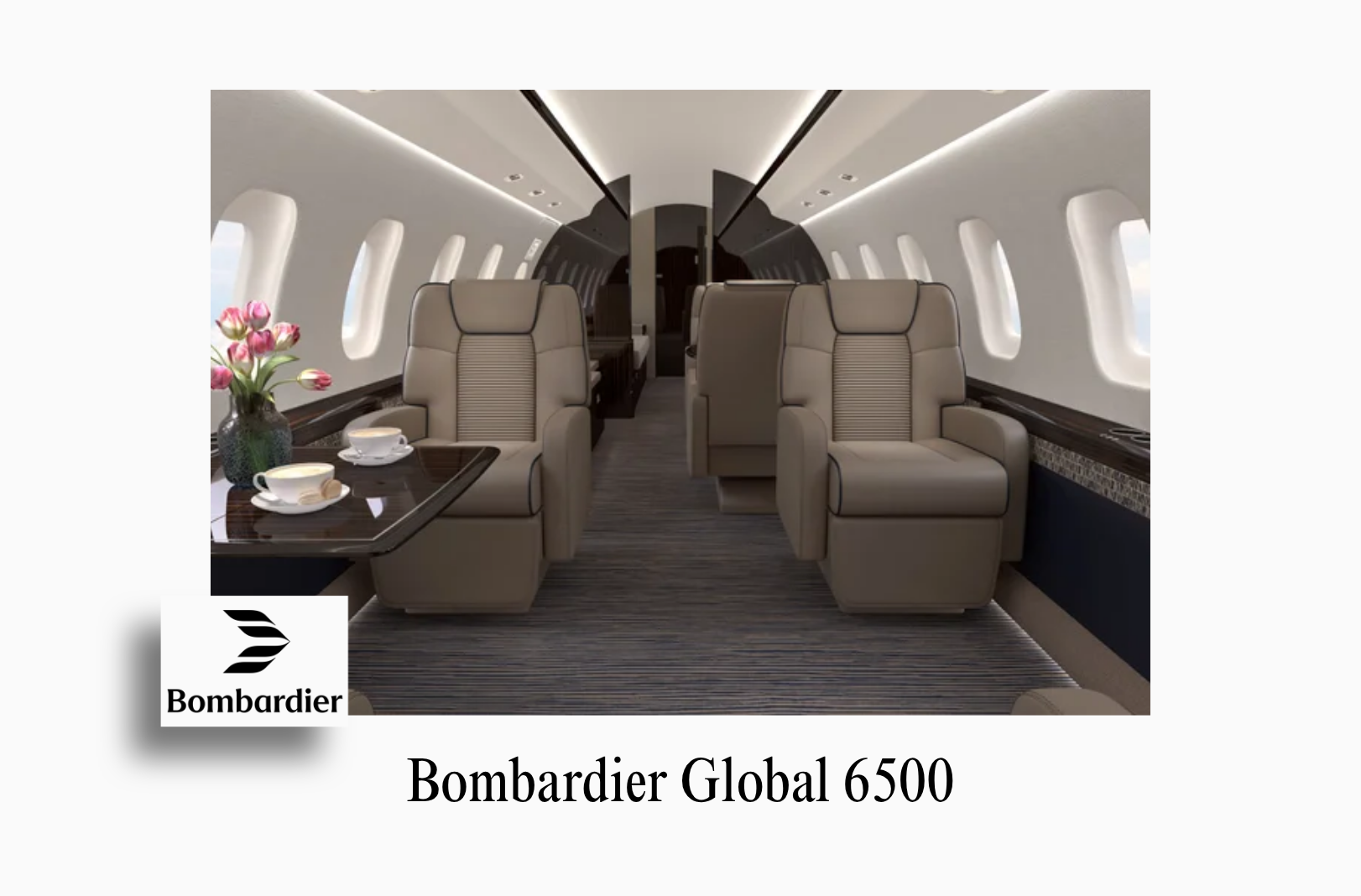 An image showcasing the bespoke private jet interior of a Bombardier Global 6500 by Sarah Larranaga