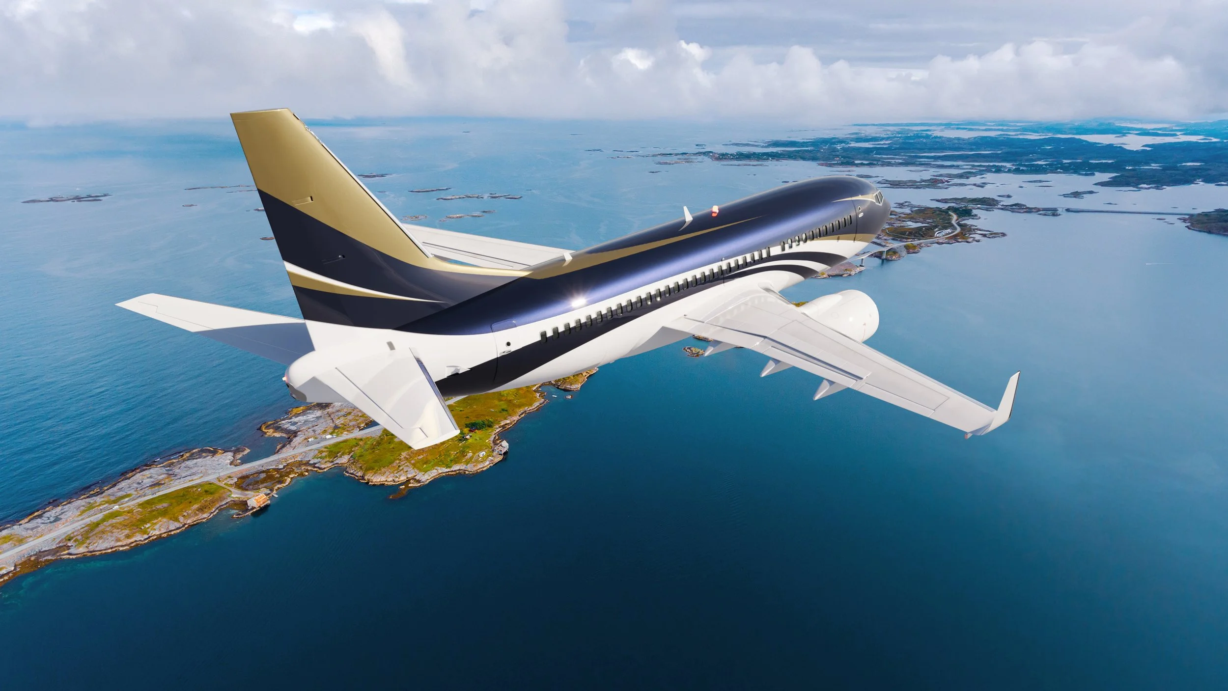 An Airbus private jet designed by Sarah Larranaga flying over a series of islands surrounded by water.