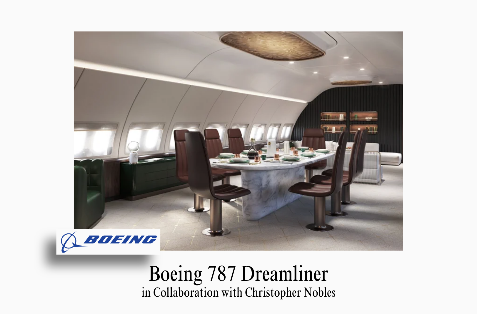 An image showcasing the bespoke private jet interior of a Boeing 787 Dreamliner by Sarah Larranaga