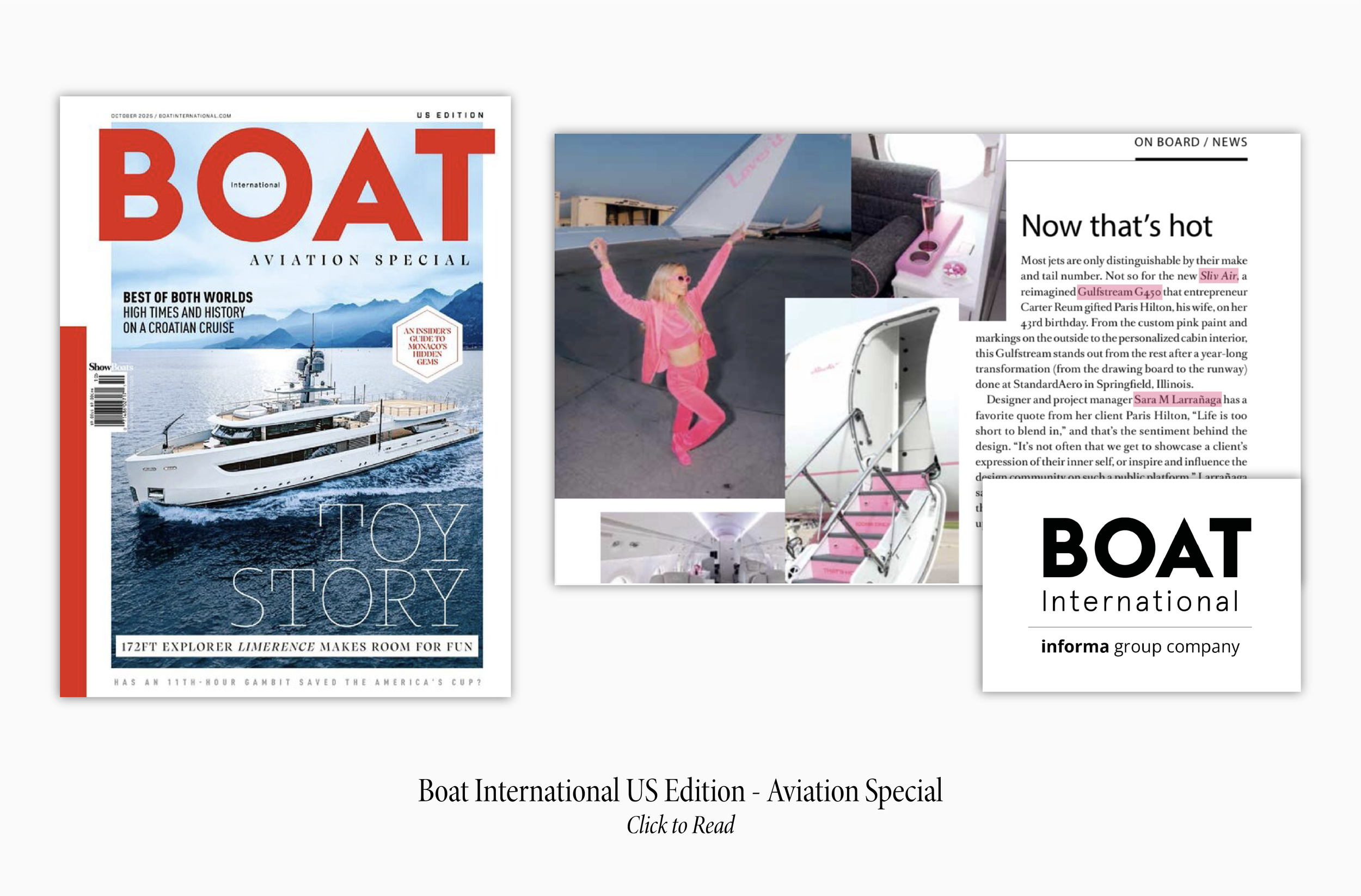 Top private jet designer, Sarah Larranaga's work on Paris Hilton's Gulfstream G450 SlivAir gets featured on the October 2025 issue of Boat International US Edition's Aviation Special. The article highlights Sarah's work on the aircraft and how well t
