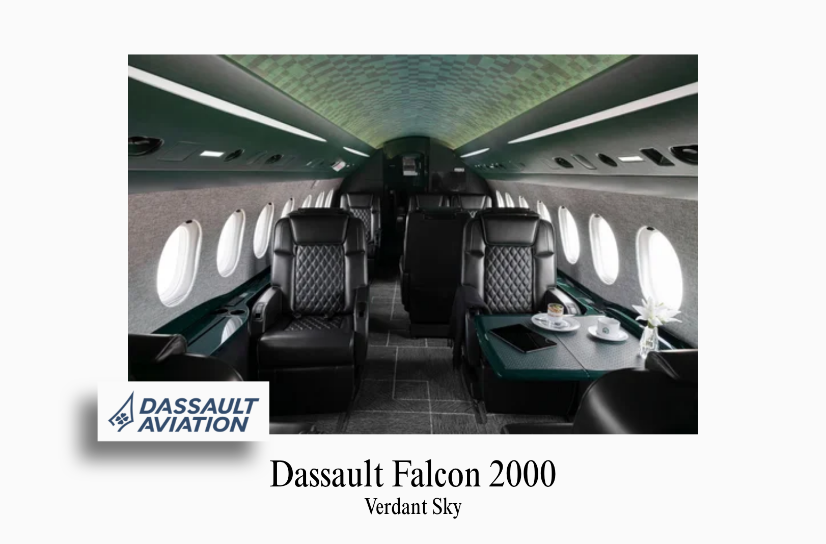 An image showcasing the bespoke private jet interior of a Dassault Falcon 2000 by Sarah Larranaga