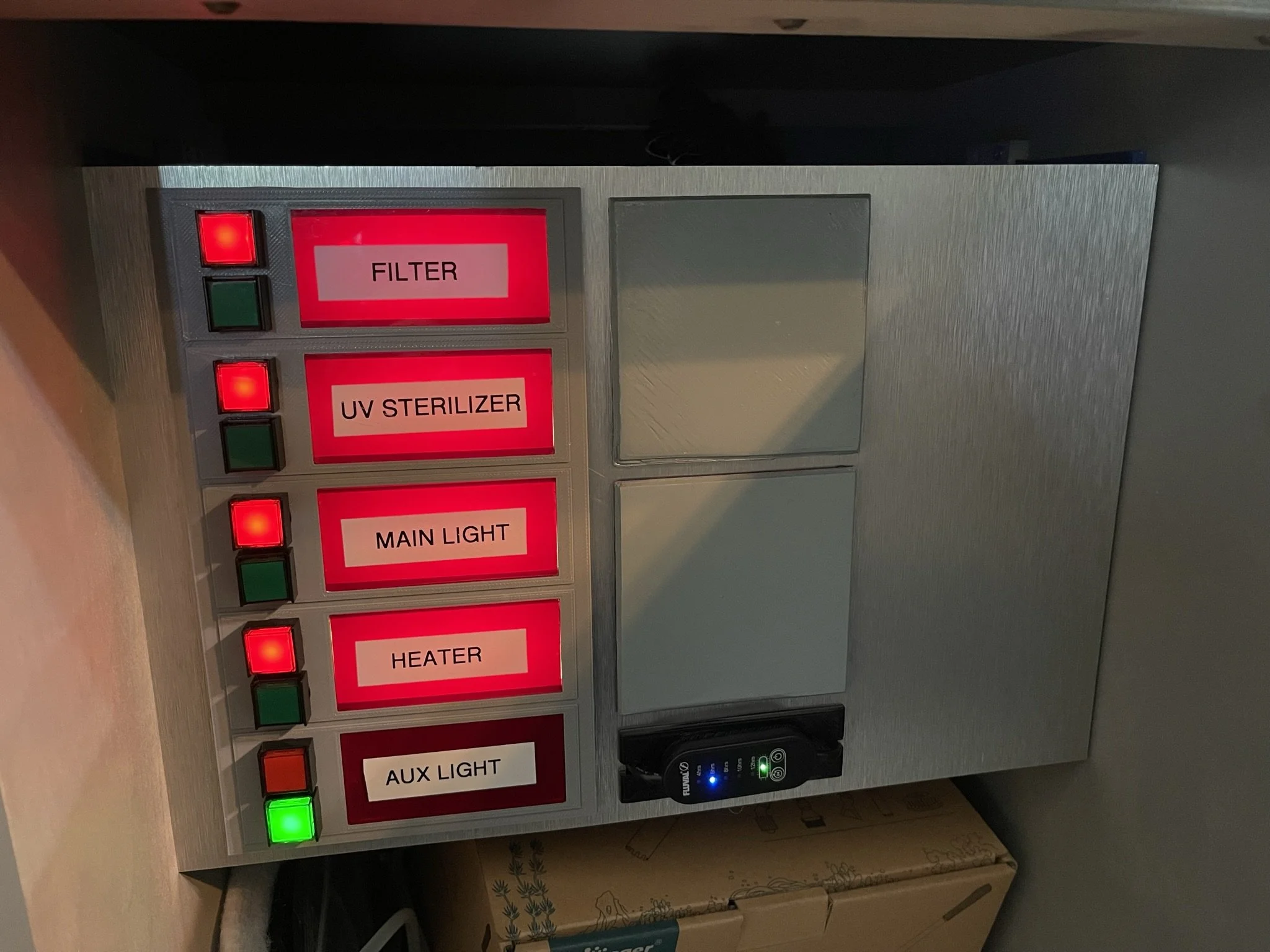 The finished panel. I designed the laser-cut backplate and all the 3D printed circuit components. 
