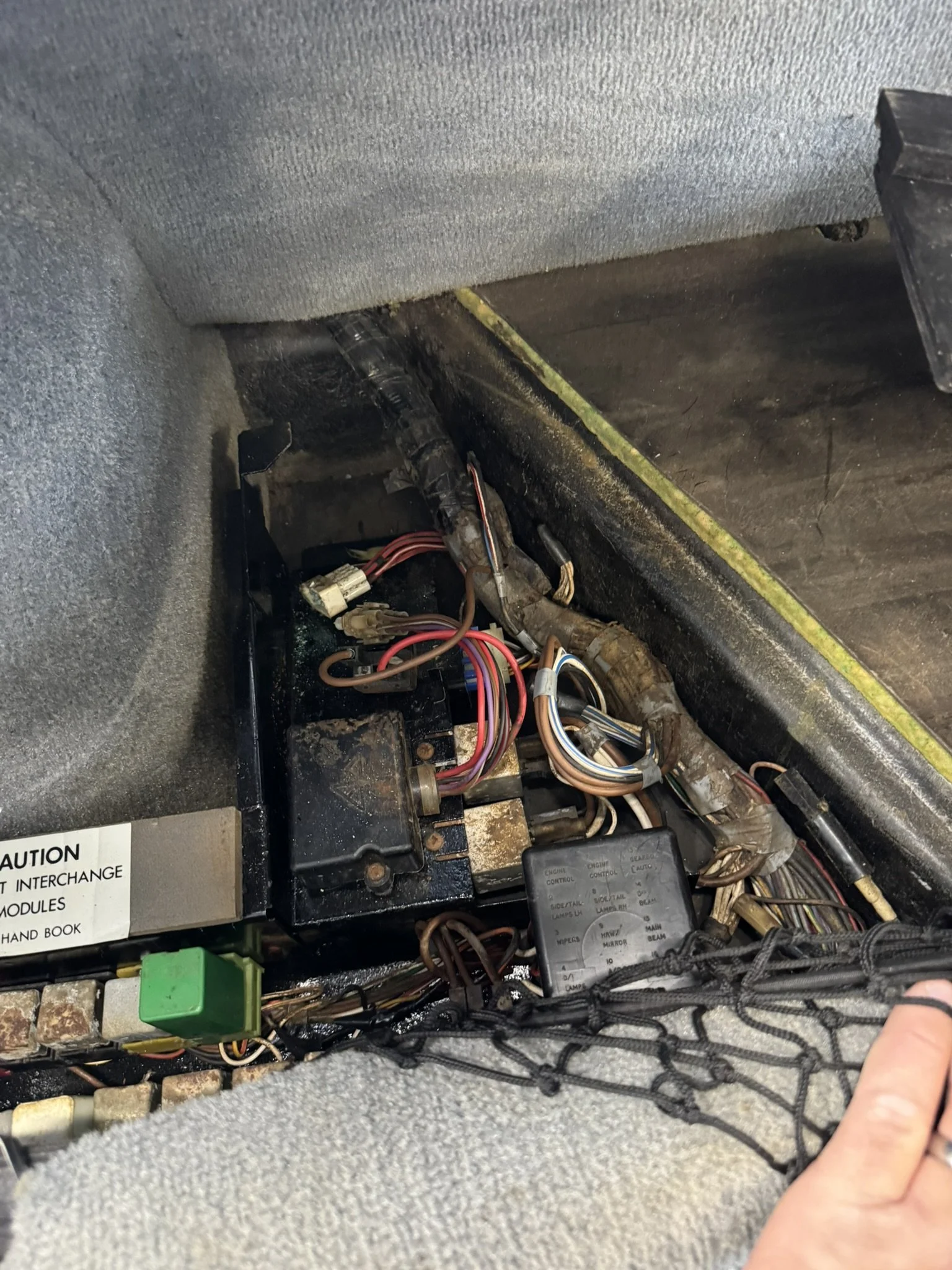 Mice had made a nest on top of the relays, corroding many of them. Thankfully they had not chewed the wires, and the car does run with nearly all electrical functions working perfectly (even the radio!), but I'm going to be cleaning out and completel