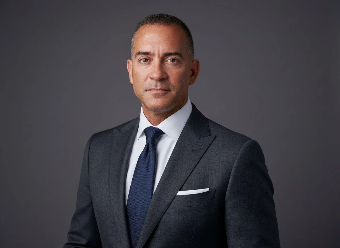 Portrait of a man in a suit and light blue shirt, with short dark hair and brown eyes, facing directly towards the camera with a neutral expression.