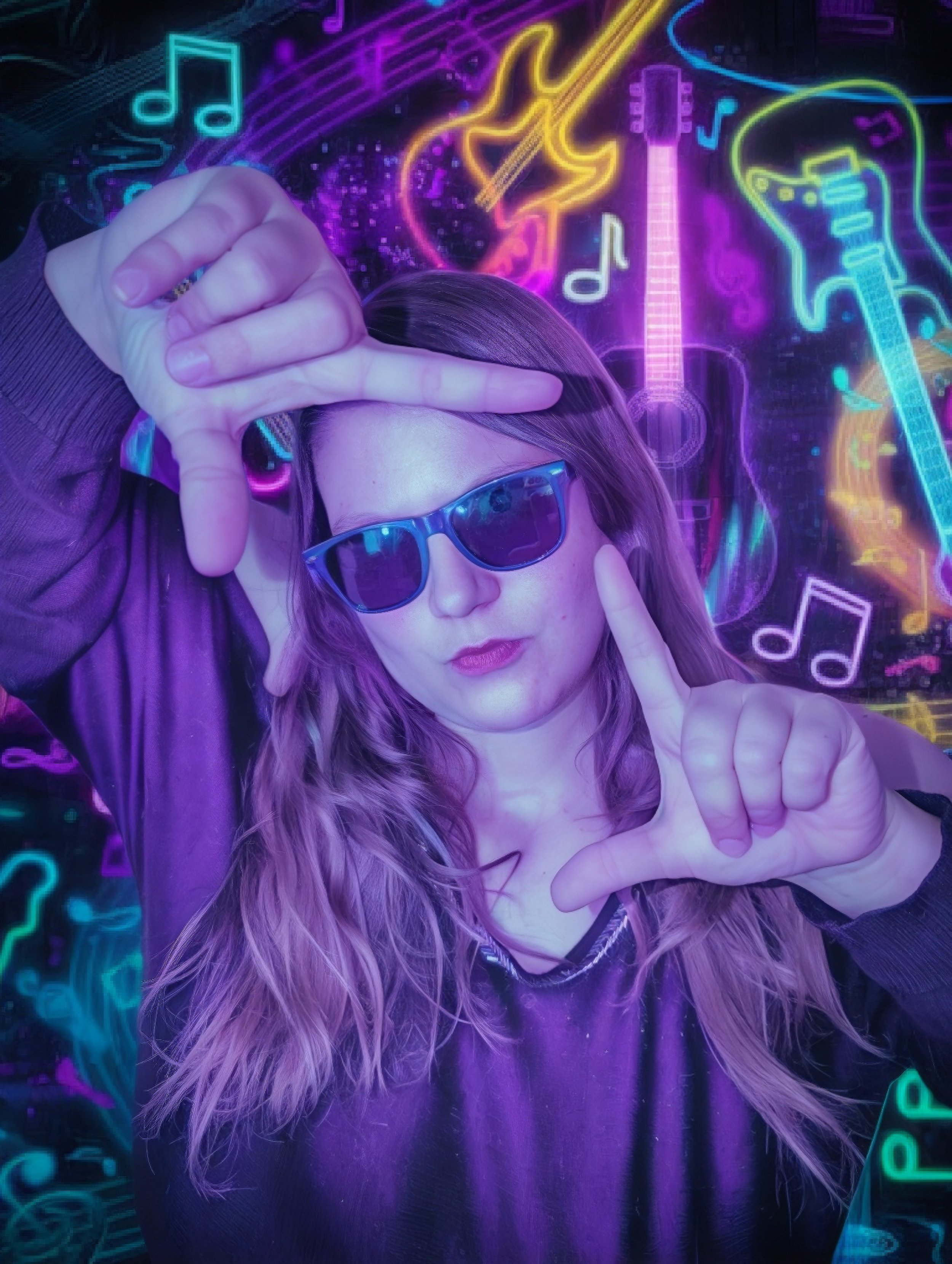 A woman with long purple hair wearing sunglasses making a framing gesture with her hands in front of a colorful neon music-themed background.