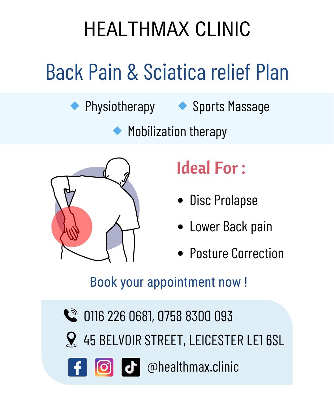Back Pain &amp; Sciatica Relief Plan

Custom treatment plans include:
&ndash; Physiotherapy
&ndash; Sports Massage
&ndash; Mobilisation Therapy

🔹 Personalised care for long-term relief
🔹 Treatments start from &pound;40
🔹 10% OFF on your first ses