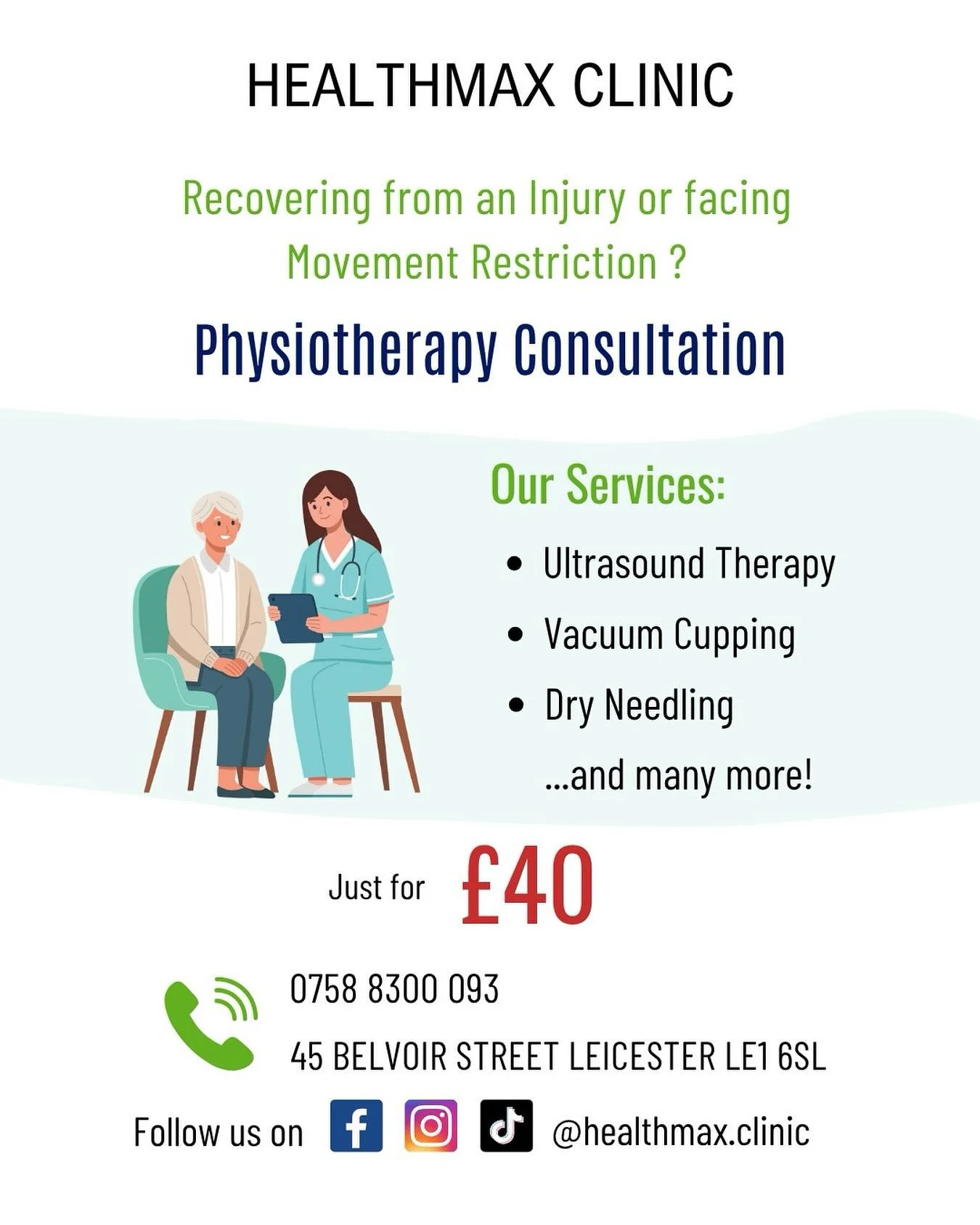 Book a Consultation at HealthMax Clinic Leicester
Physiotherapy Consultation – For pain, injury & mobility issues
Expert advice. Clear direction. Personalised care — all under one roof.
📍 HealthMax Clinic, 45 Belvoir Street, Leices