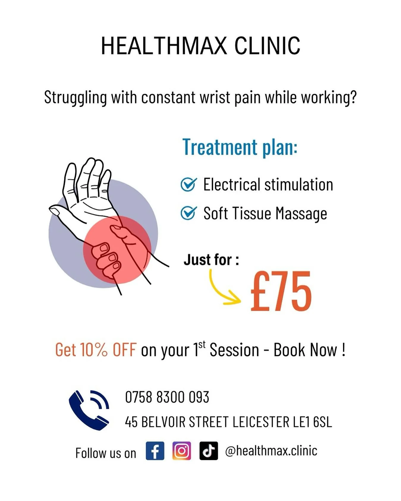 Struggling with constant wrist pain while working?
Relieve it with Electrical Stimulation & Soft Tissue Massage
💥 Special Offer: Just £75!
Designed to target:
✔️ Wrist Strain
✔️ Repetitive Strain Injury (RSI)
✔️ Overuse Pain from Desk or