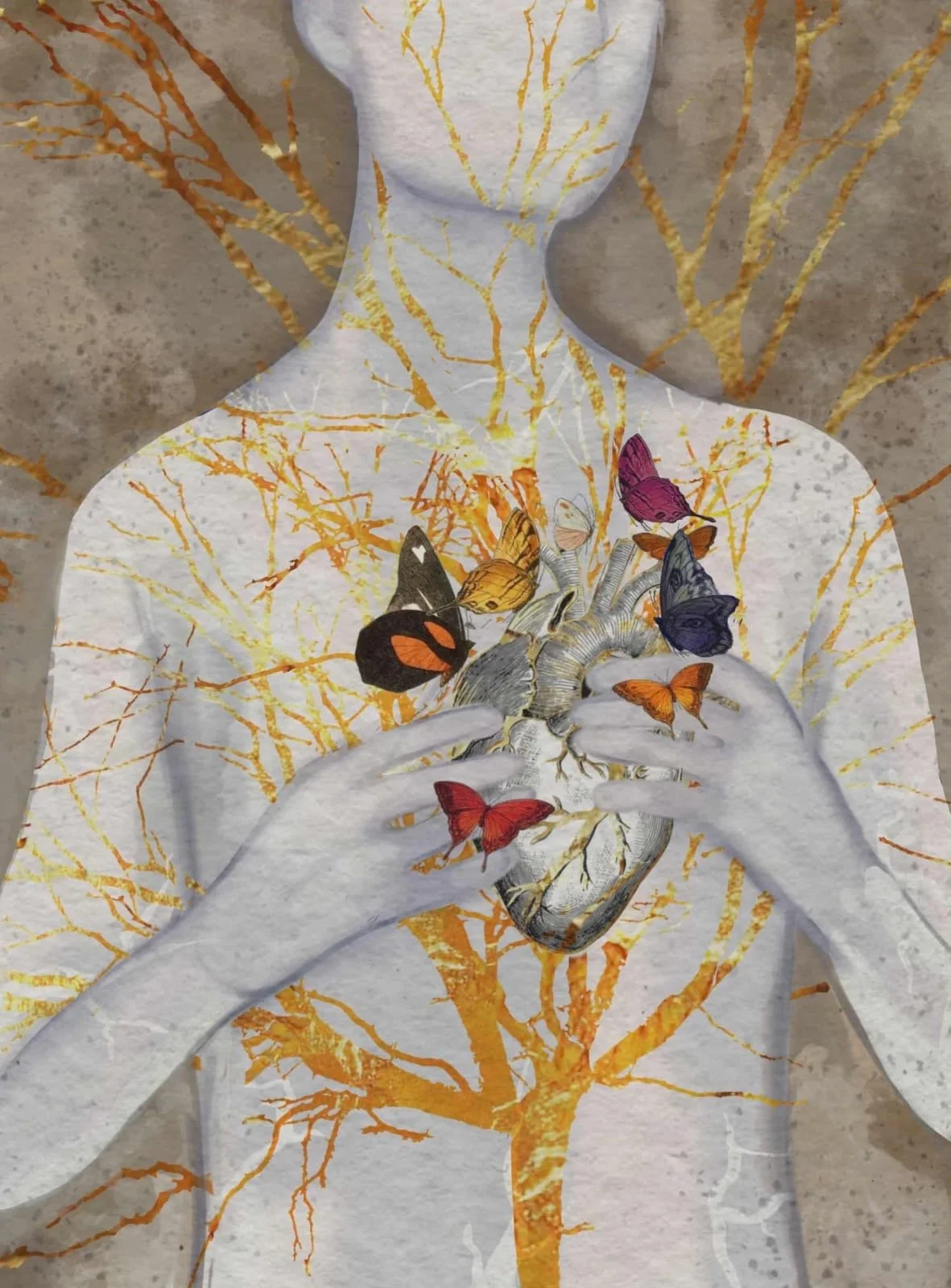 Ilustración de un cuerpo humano con un árbol dorado en el torso y mariposas de colores posadas en el corazón y las manos.