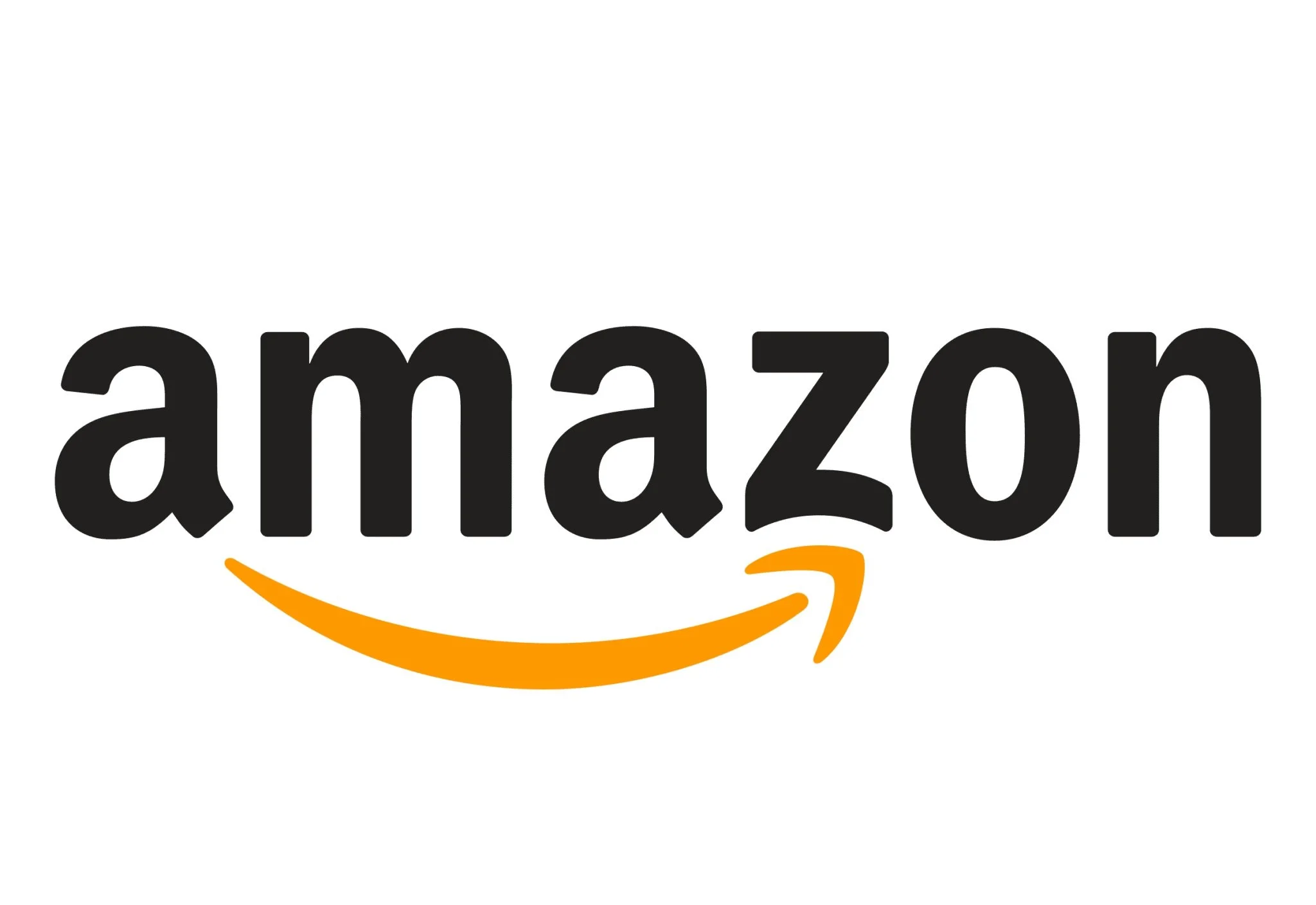 Amazon logosu, siyah yazı ve turuncu ok ile altına eğik şekilde yerleştirilmiş.