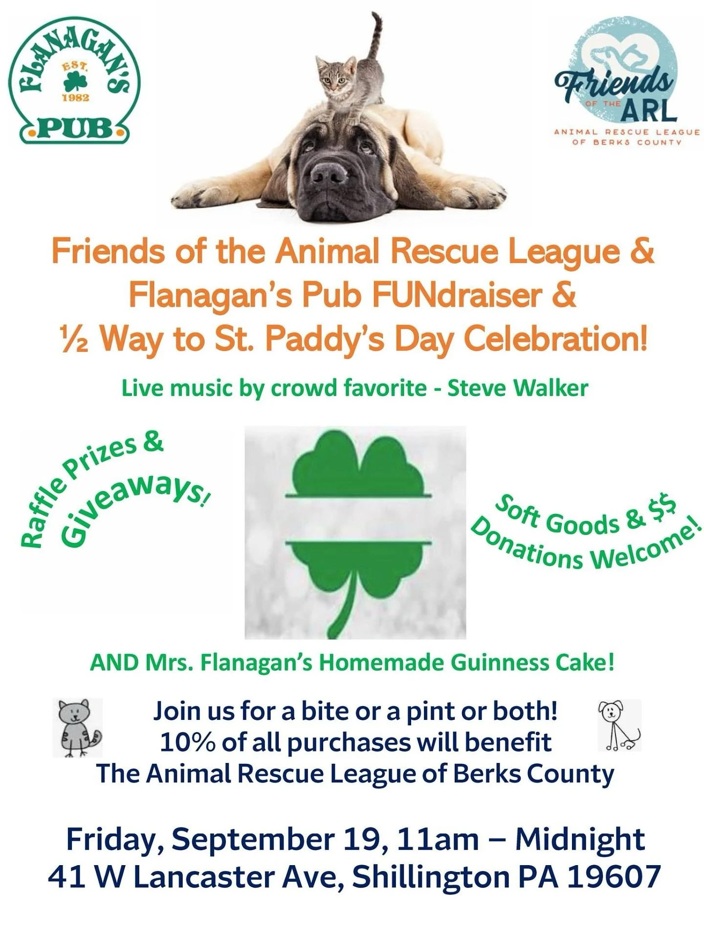 🍀 Pints, paws &amp; prizes! Today (Sept 19) we&rsquo;re celebrating &frac12; Way to St. Patrick&rsquo;s Day at @flans_pub in PA &mdash; and raising money for the @arlofberksco 🐾

✨ Raffles &amp; giveaways
✨ Live music by Steve Walker
✨ 10% of ALL s