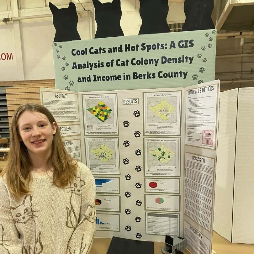 Conrad Weiser Middle School  student Rebecca Lee recently earned 2nd place at the Reading&ndash;Berks Science &amp; Engineering Fair for her research project exploring community cat populations in Berks County.

Her project, &ldquo;Hot Spots and Cool