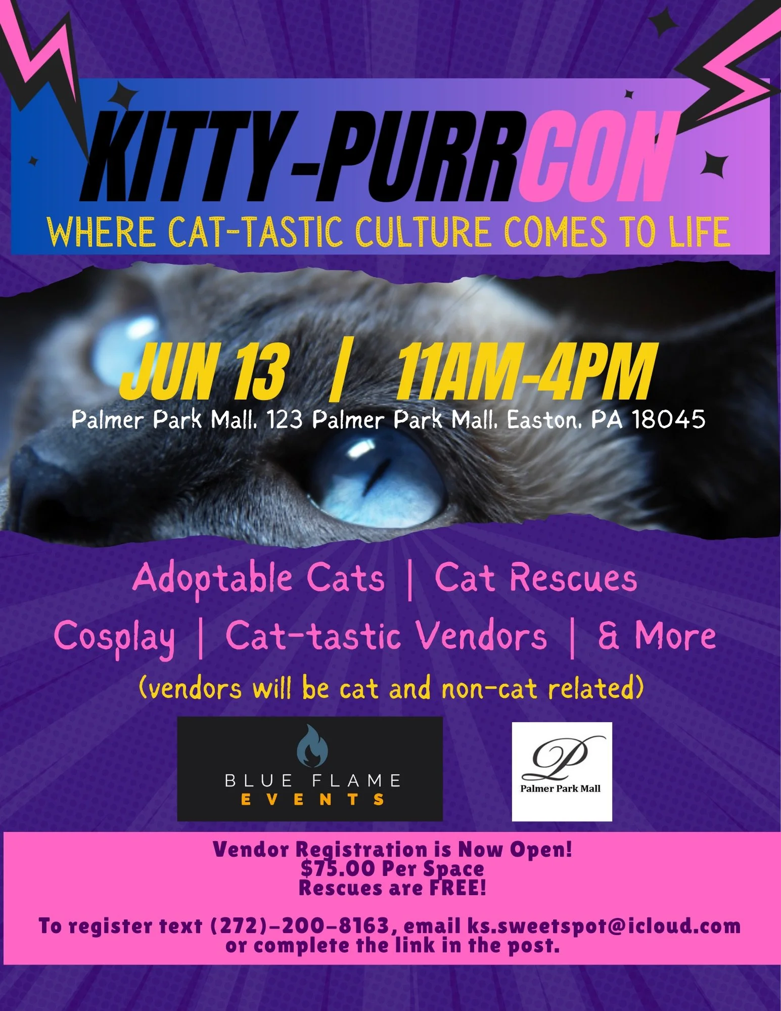 🐾✨ Okay wait&hellip; a CAT CONVENTION in Pennsylvania?!

We repeat:
🐱 adoptable cats
🎨 cat-themed vendors
🦸 cosplay
🛍️ collectibles + art
💛 local rescues

&hellip;and a full mall of fellow cat people.

📍 KITTY-PURR CON
📅 Saturday, June 13
⏰ 1