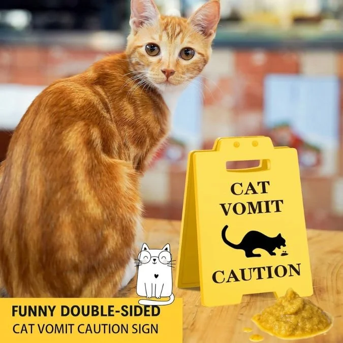 Funny Cat Vomit Caution Sign, Humorous Desk Sign.jpg