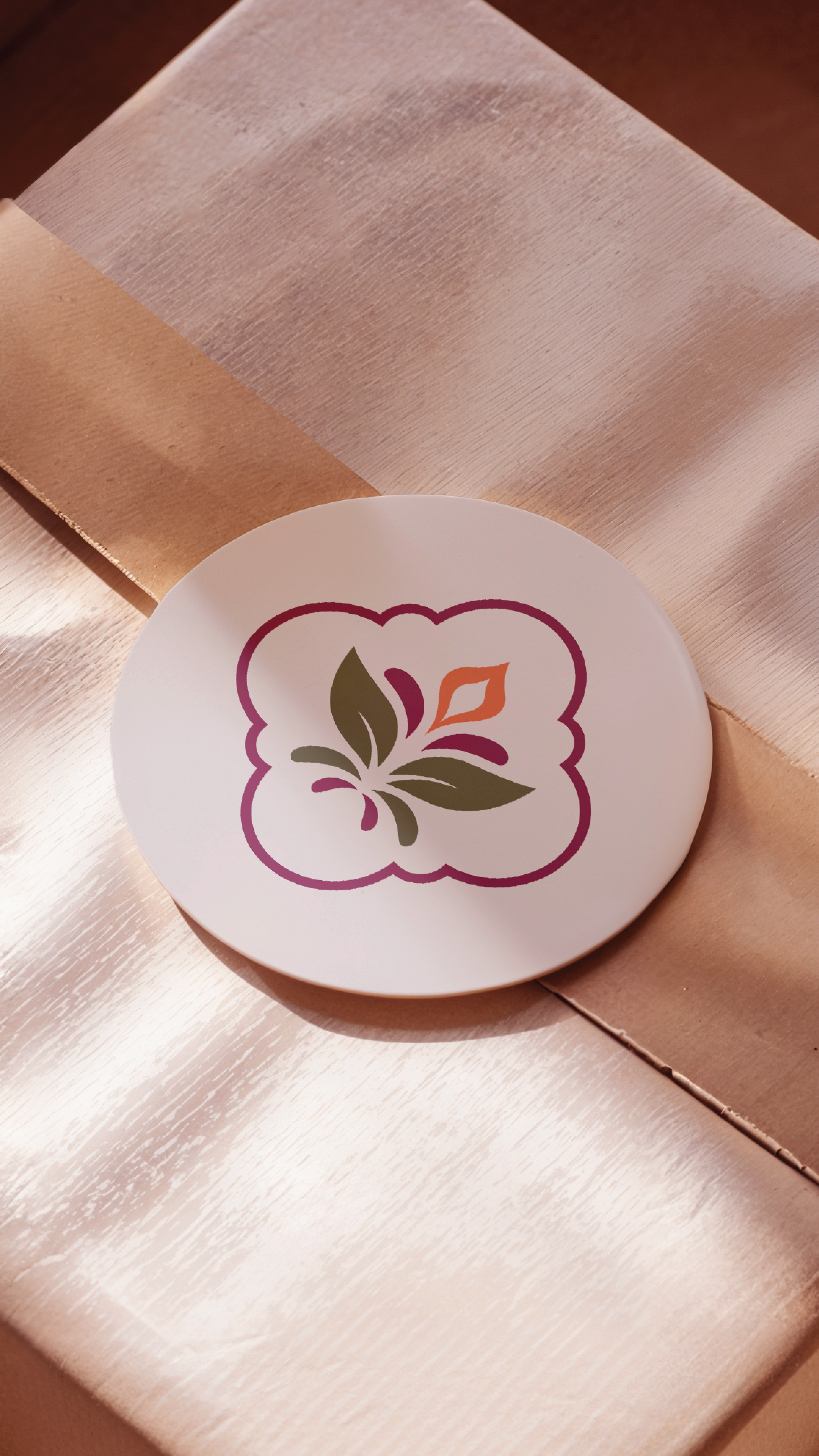 sticker mockup with Flora and Flame logo on it
