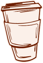 Illustrated, hand-drawn hot coffee to-go cup with lid