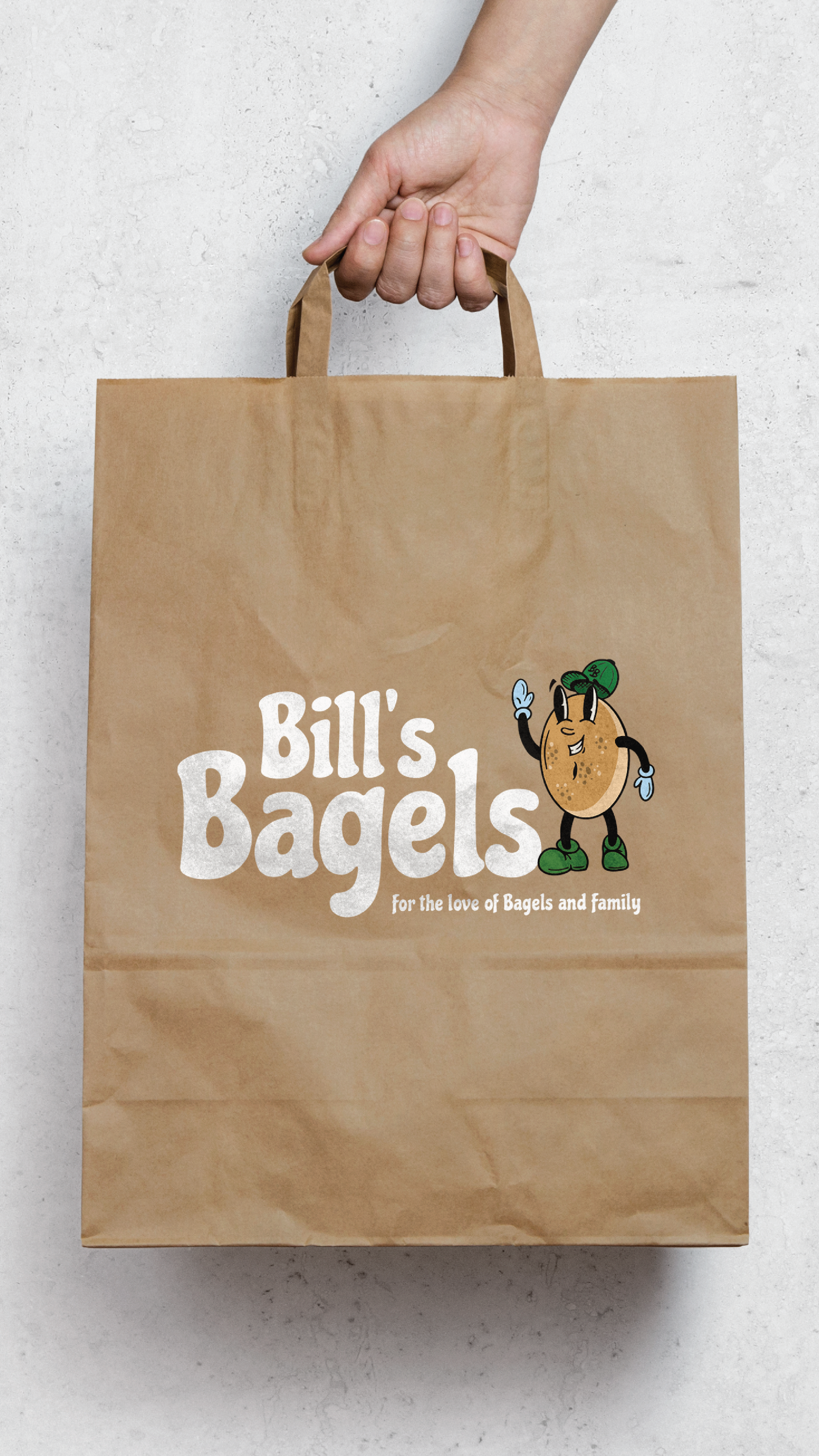 Paper Bag with Bills Bagels font and character on it