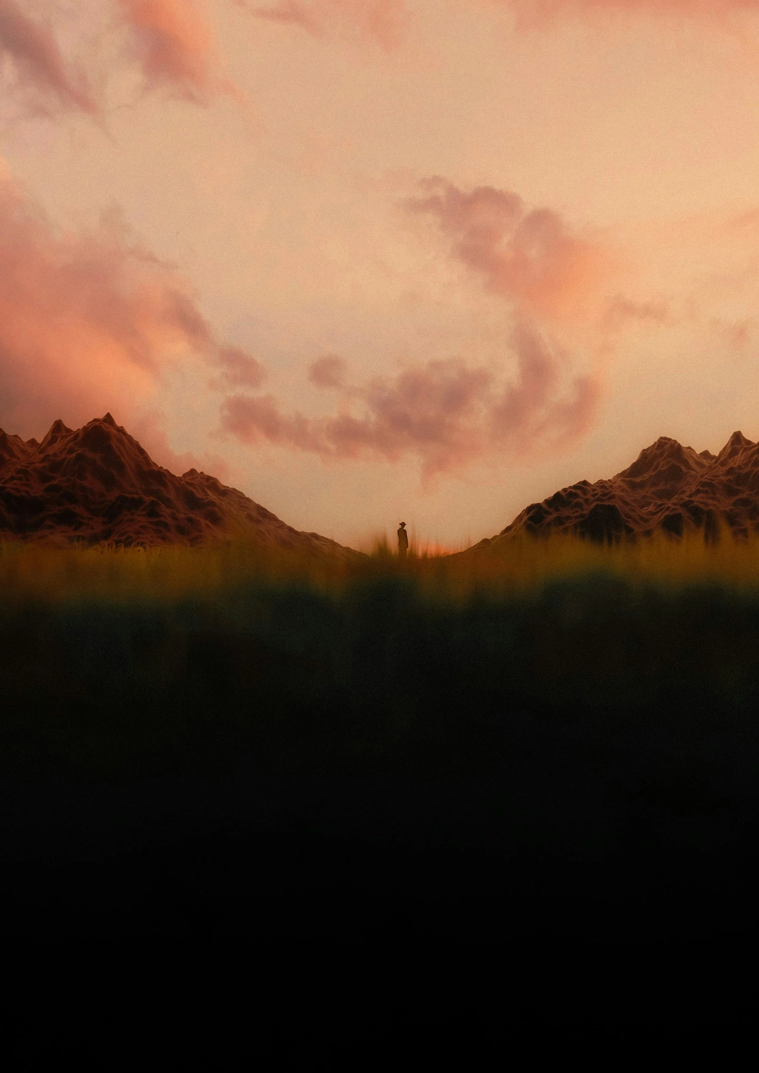 A silhouetted person standing between mountain ranges under a pink and orange sky with scattered clouds.