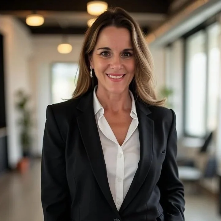 A smiling woman with shoulder-length brown hair, dressed in a black blazer and white shirt, standing in a modern office with large windows and blurred background.