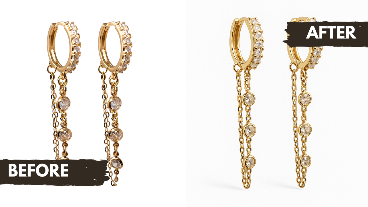 Gold hoop earrings with chains and diamond accents, shown before and after cleaning, with the after image labeled.