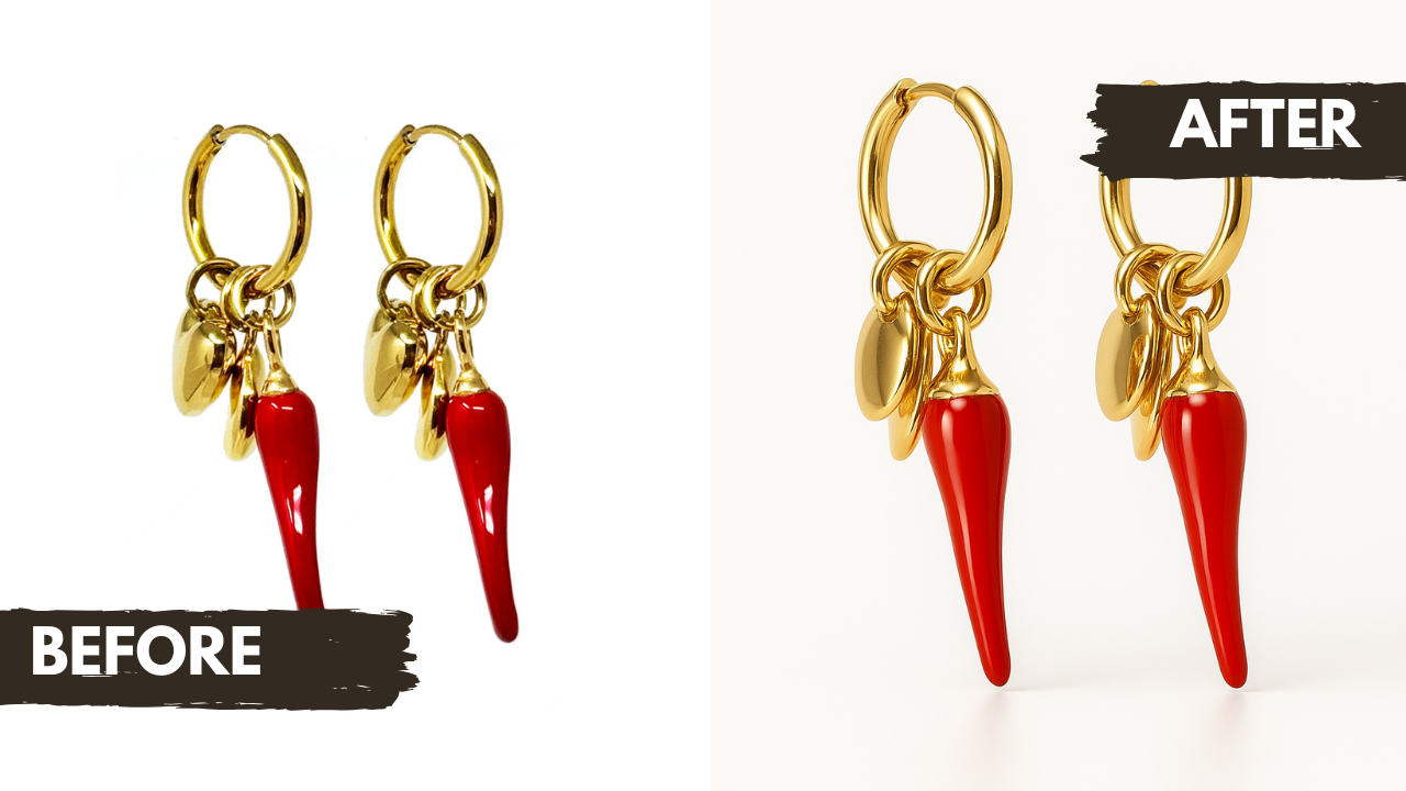 Comparison of gold earrings with red chili pendant, showing before and after cleaning or polishing, with the after version appearing shinier and more polished.