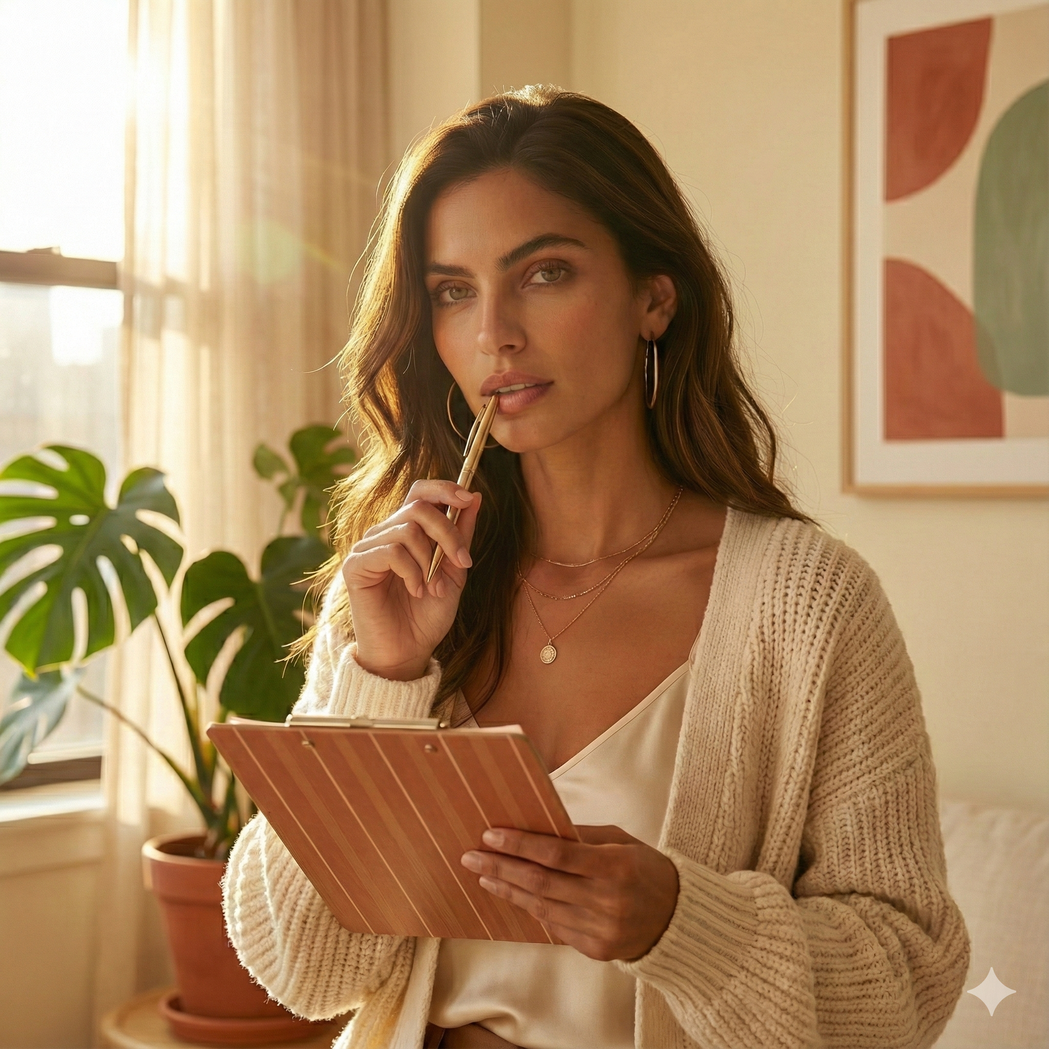 A woman with wavy brown hair and hoop earrings holds a striped notebook and a gold pen, thoughtfully resting her chin on her hand in a sunlit room with a large green plant and abstract artwork on the wall.