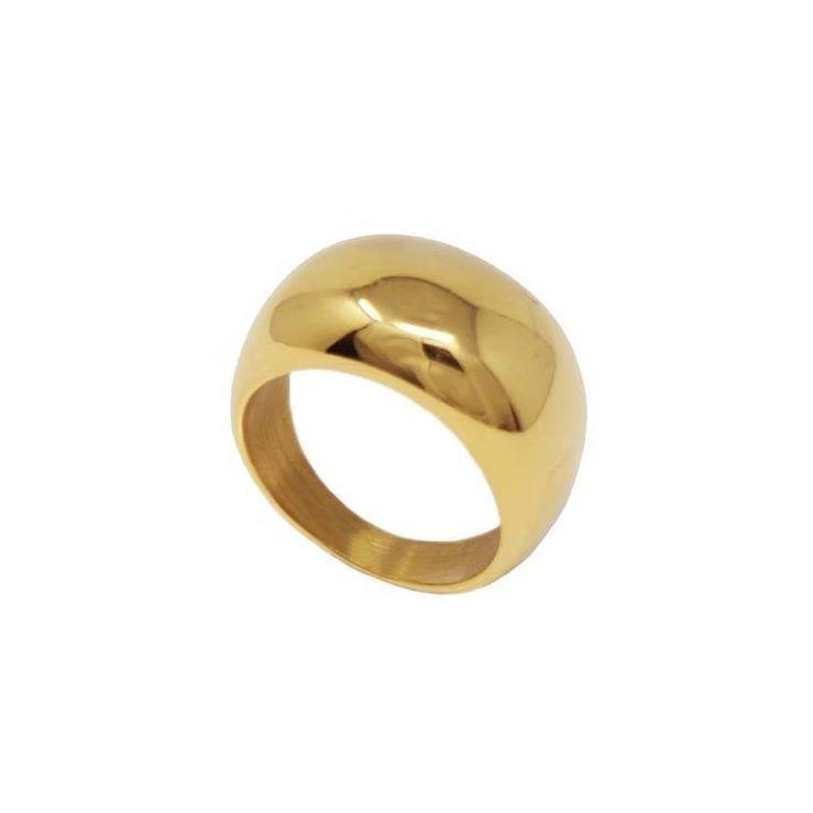 A shiny gold ring with a smooth, rounded design.
