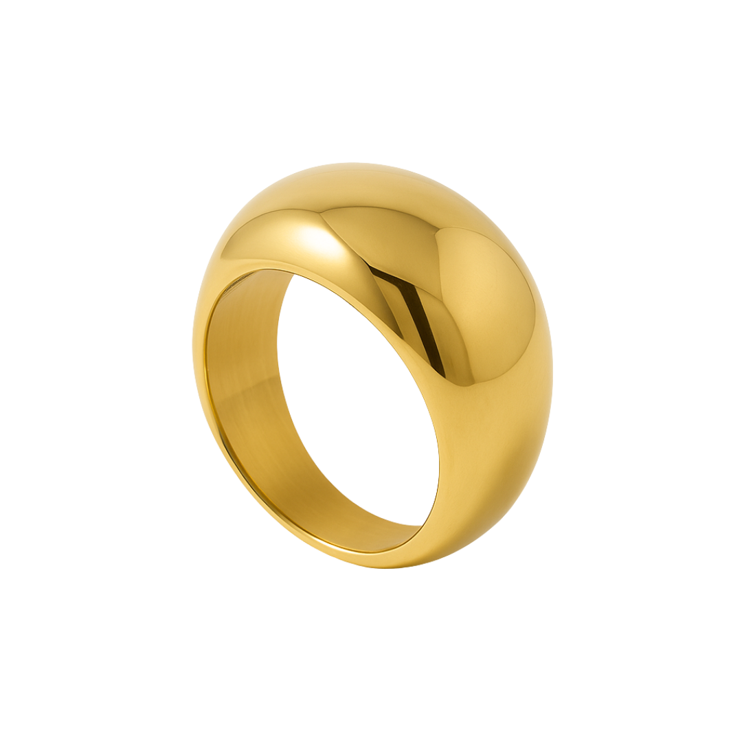 A shiny gold ring with a smooth, rounded design