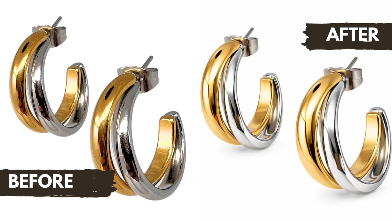 Two pairs of gold and silver hoop earrings, before and after cleaning or polishing, with