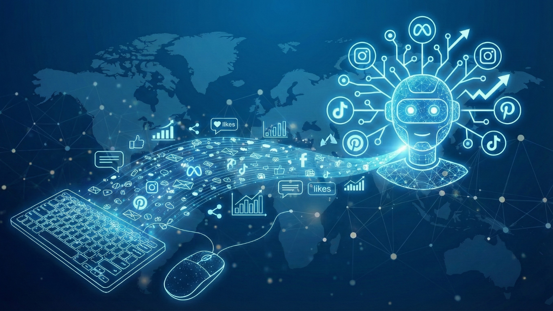 A digital illustration showing a world map in the background, with a computer keyboard and mouse, and various social media icons, charts, and a robot head connected through digital lines representing artificial intelligence and global social media connectivity.