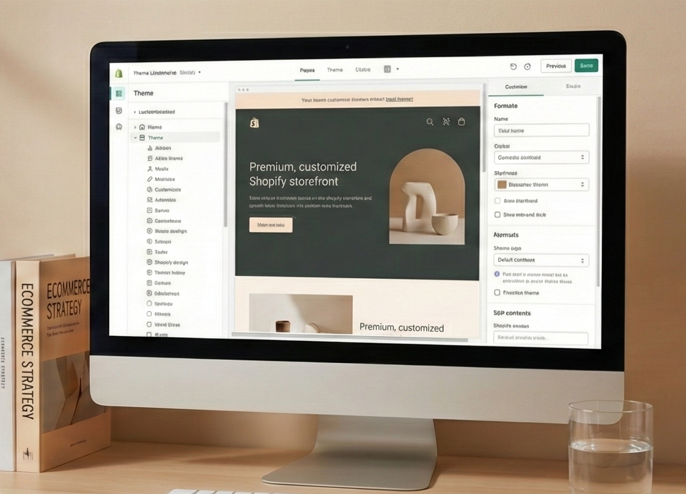 An Apple desktop computer displaying a Shopify store customization interface on a wooden desk. To the left of the computer, there are two books, titled "Ecommerce Strategy" and another titled "Ecommerce Strategy." To the right, there is a glass of water.