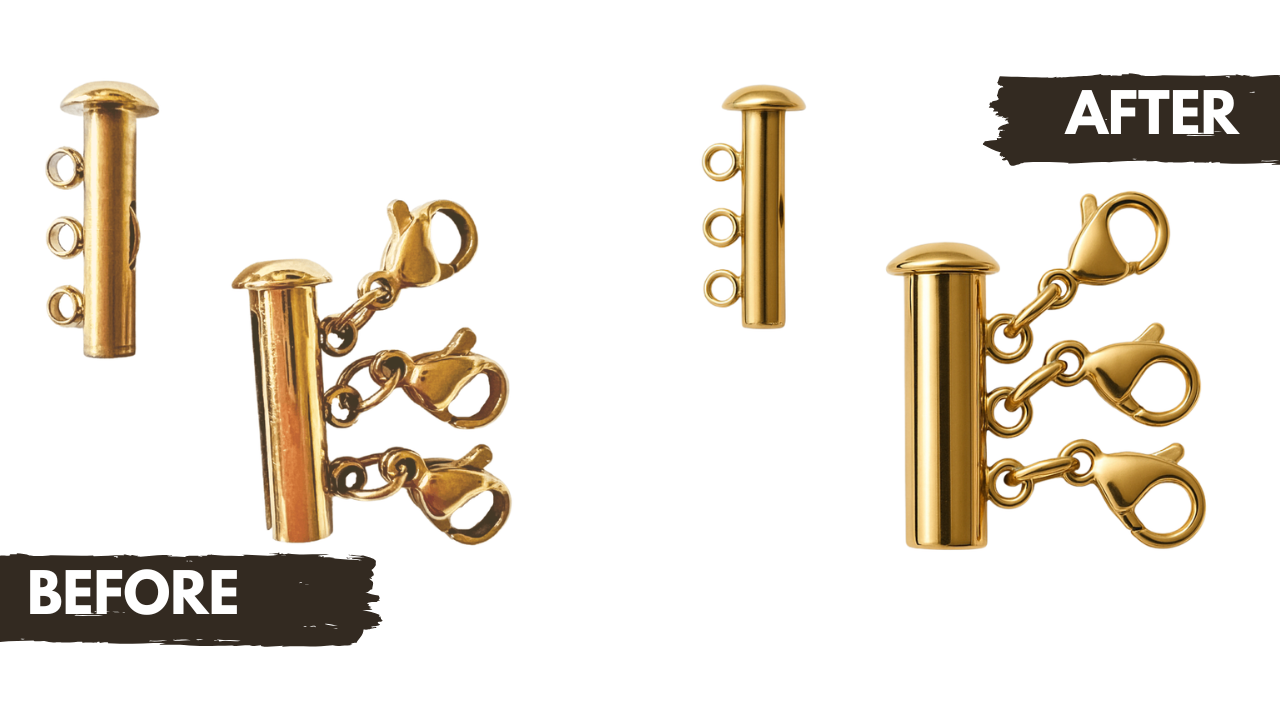 A side-by-side comparison of a gold hair clip, showing before and after cleaning. The "before" clip is tarnished and dull, while the "after" clip is shiny and polished.