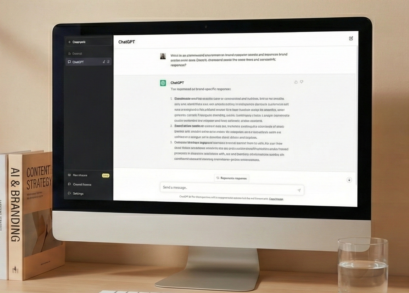 An Apple iMac computer on a wooden desk displaying a chat conversation with ChatGPT. To the left of the computer, there are two books: "Content Strategy" and "AI & Branding." A glass of water is on the right side of the desk.
