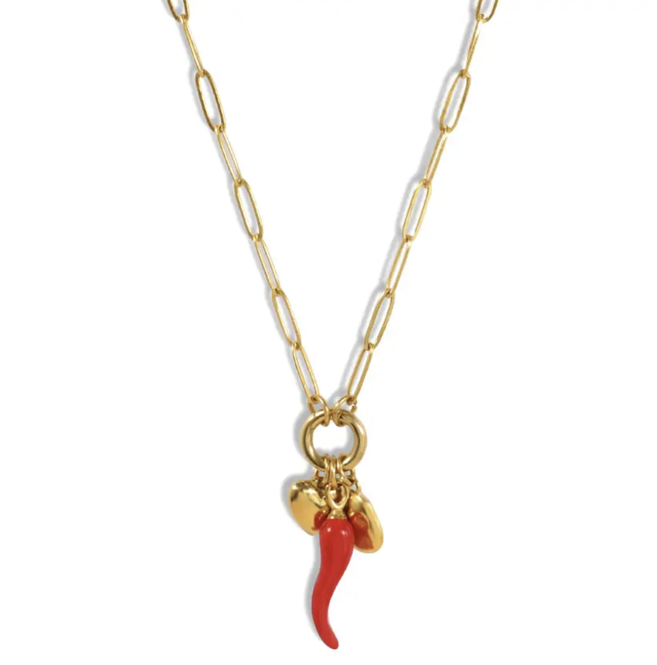 Gold chain necklace with a pendant featuring a red chili pepper and small gold charms.
