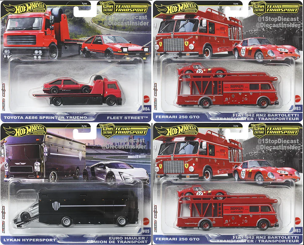 Four Hot Wheels car transport sets, each with a red Fire Truck, a Ferrari 250 GTO, and two other cars, packaged in clear plastic cases with the Hot Wheels and Team Transport logos.