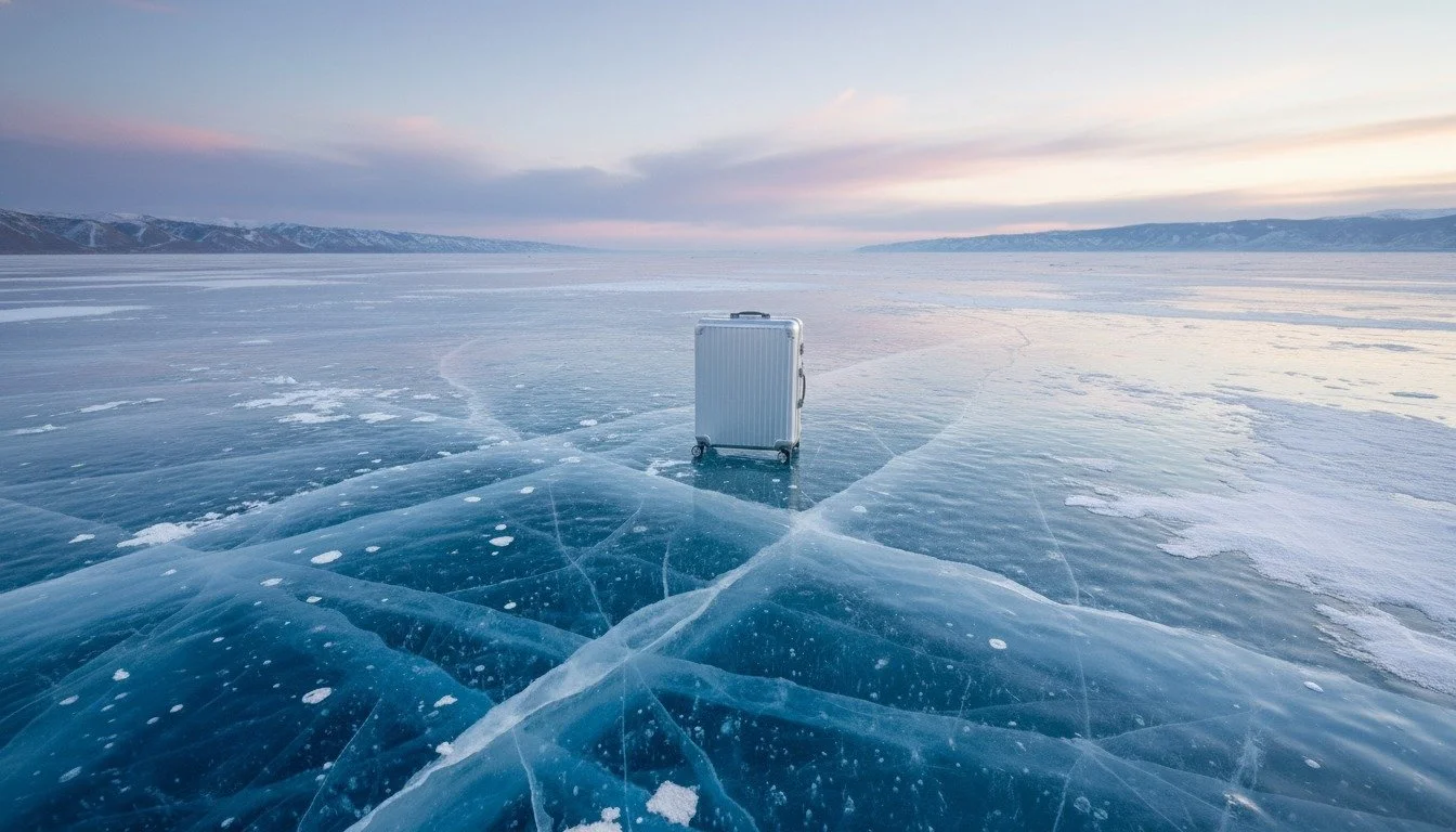 A silver suitcase on a frozen lake with visible cracks, mountains in the background, and a pastel-colored sky overhead.