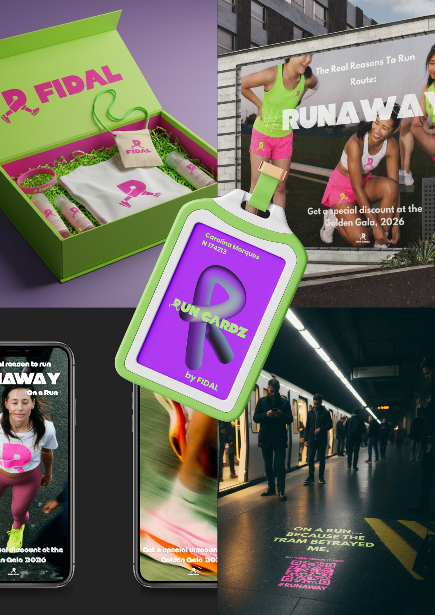 Collection of promotional items and advertisements for a running event called 'Runaway' by FIDAL, including a green and pink branded gift box with run accessories, a QR code on the subway floor, multiple posters of women in activewear, and a phone displaying event details.