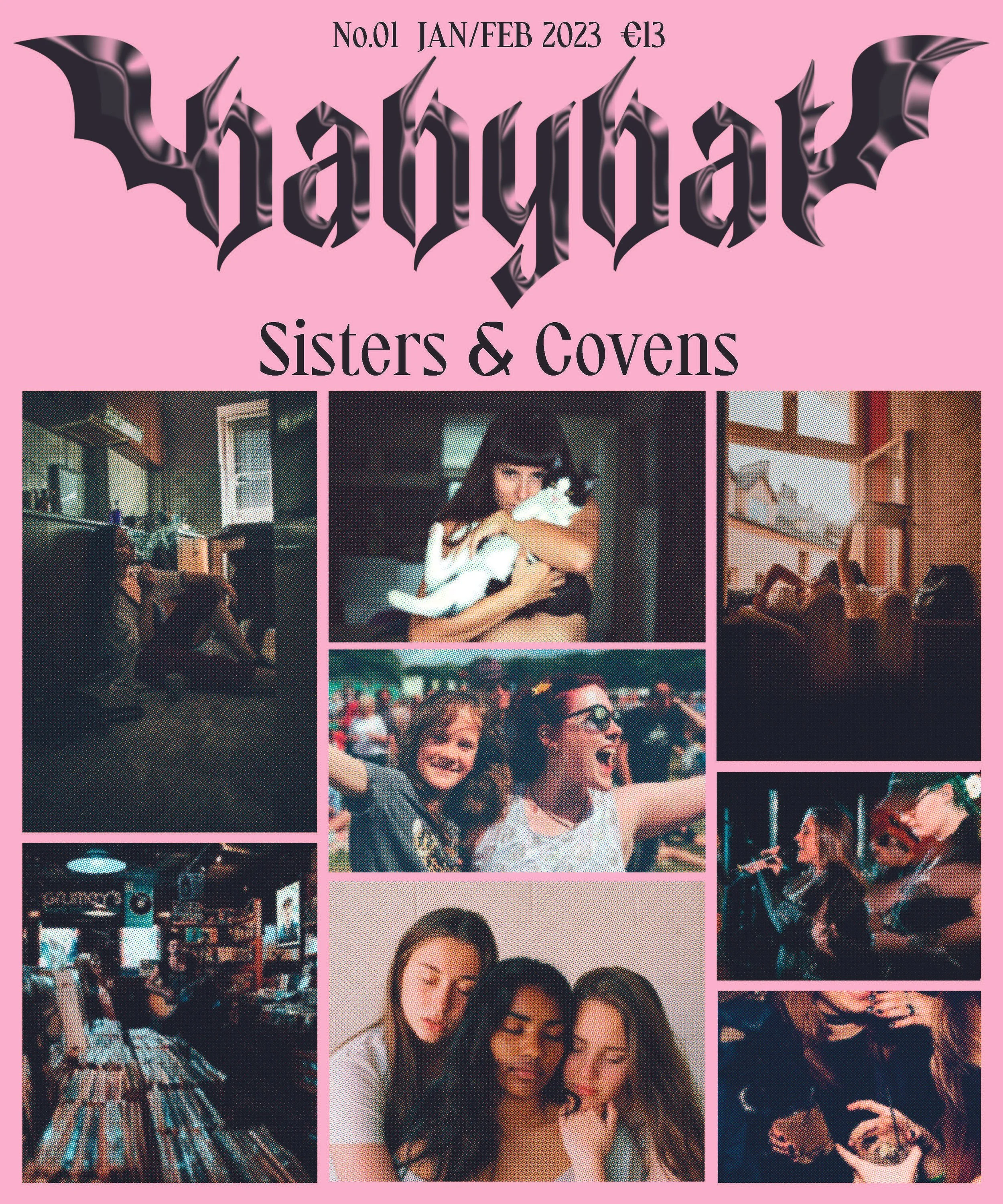 Magazine cover with a pink background titled "Happynator", issue No. 01 JAN/FEB 2023 €13, featuring a collage of women and girls in various social settings, including hugging, celebrating, and relaxing.