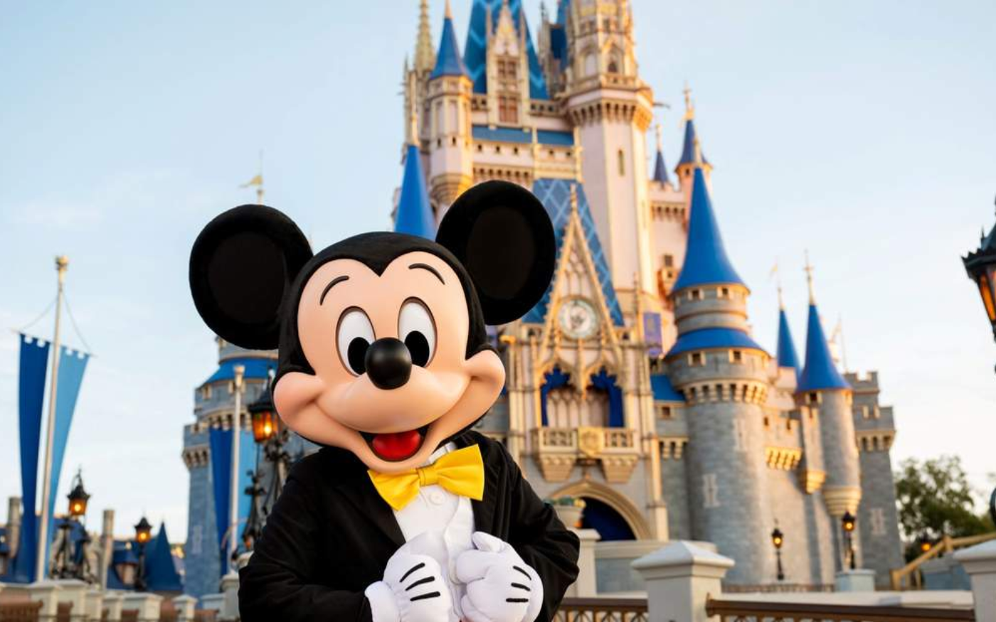 Mickey Mouse in a black tuxedo with a yellow bow tie, standing in front of the Cinderella Castle at Disney theme park.