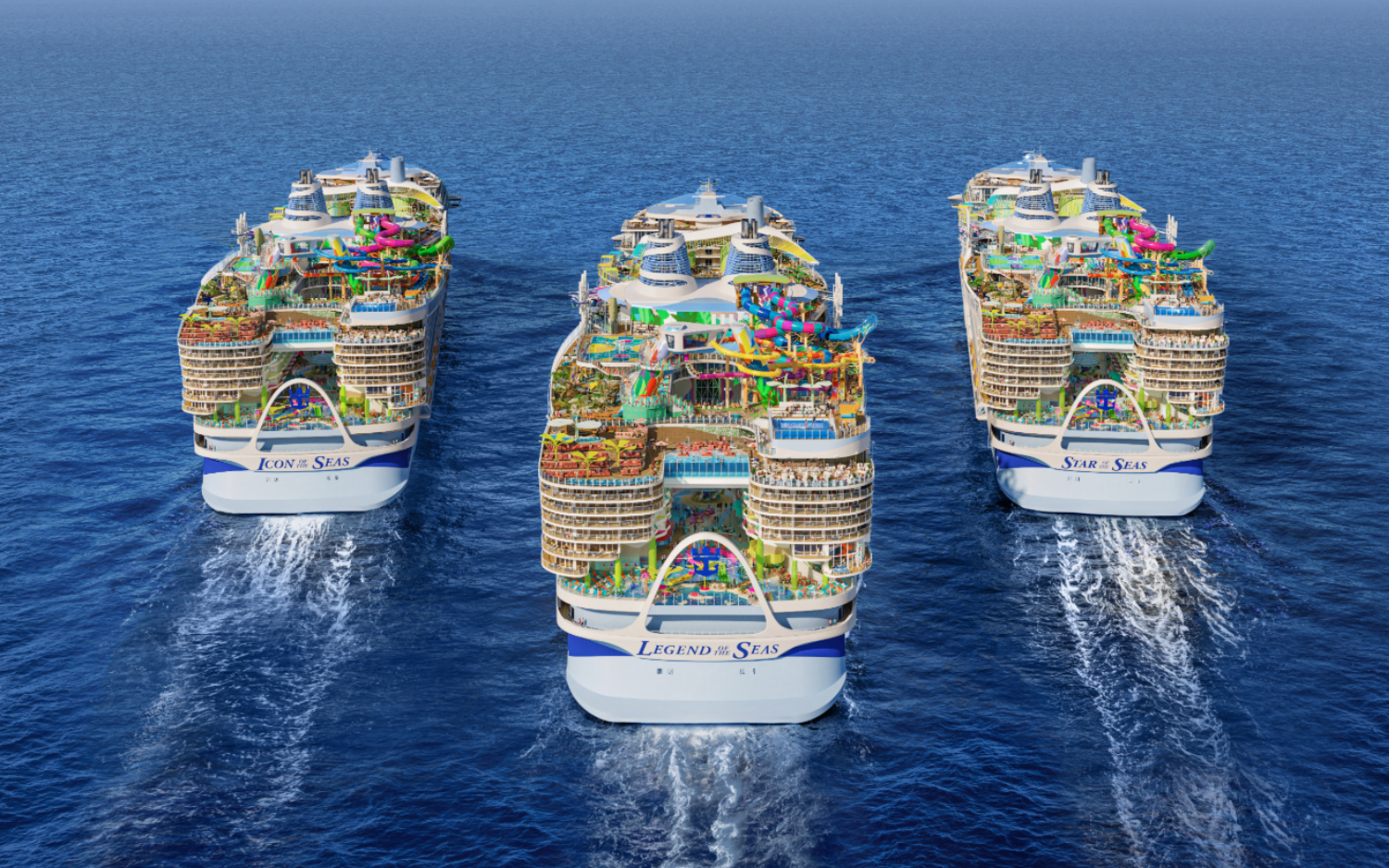 Three large cruise ships sailing in the ocean, with colorful water slides and decks visible on top of each ship.