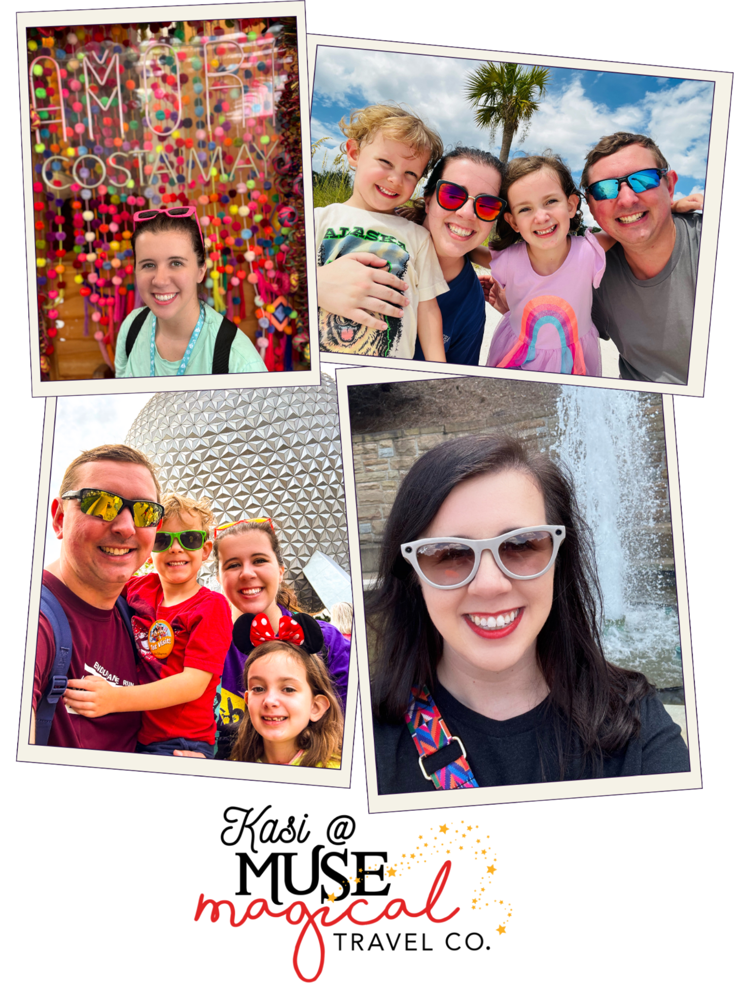 A collage of four outdoor family photos taken at Disney theme parks, featuring smiling families in front of iconic attractions and scenic backgrounds.