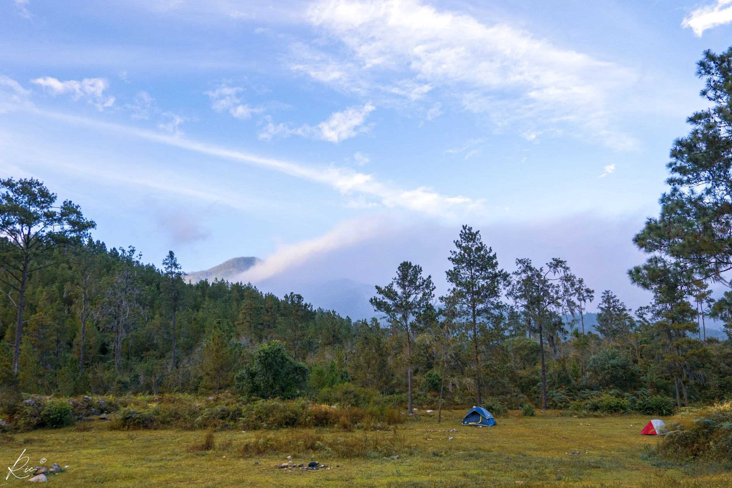Paisaje de montaña con tiendas de campaña en un claro, rodeado de árboles y cielo nublado.