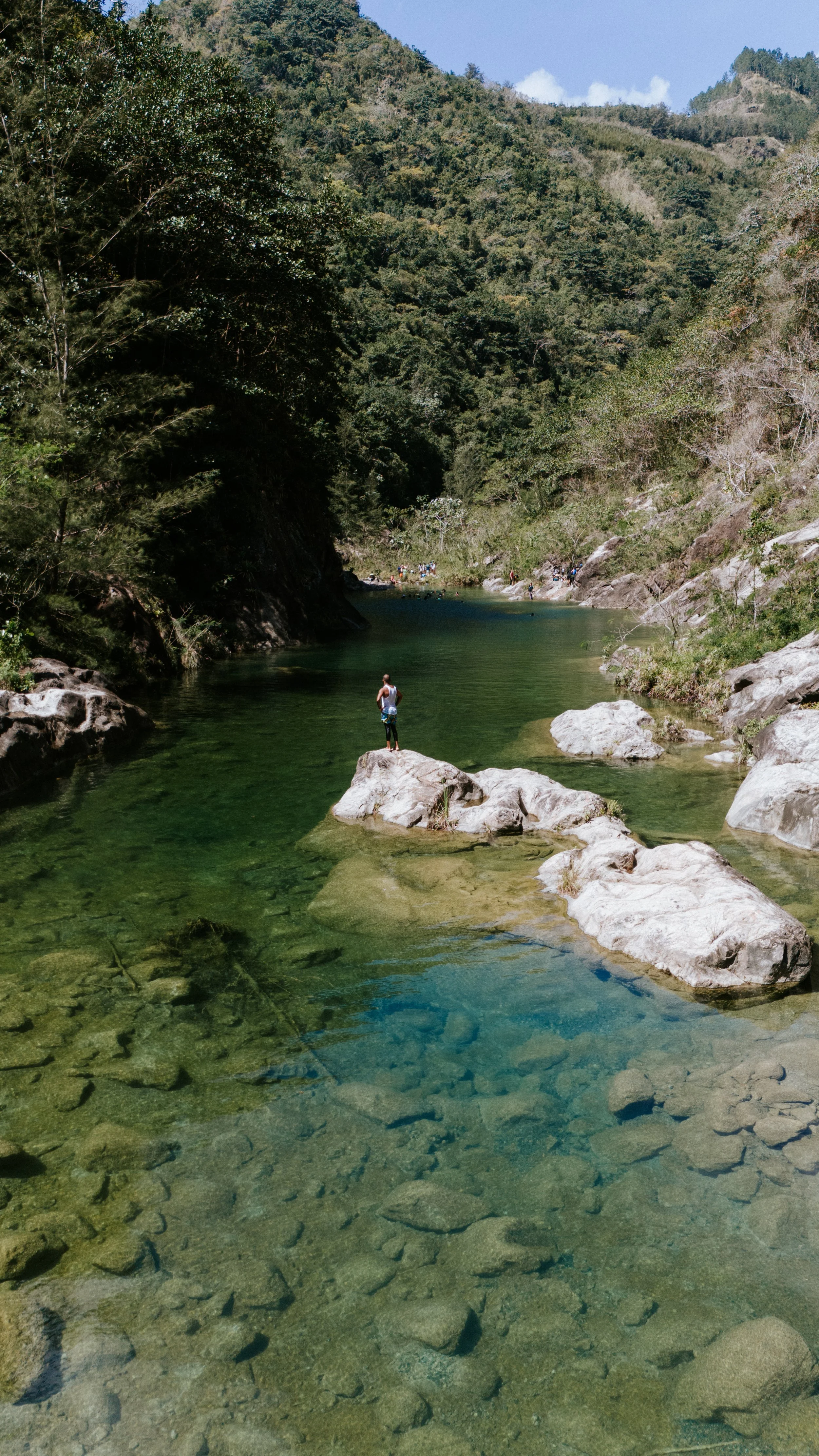 Persona de pie sobre una roca en un río de aguas cristalinas, rodeado de montañas y vegetación exuberante.