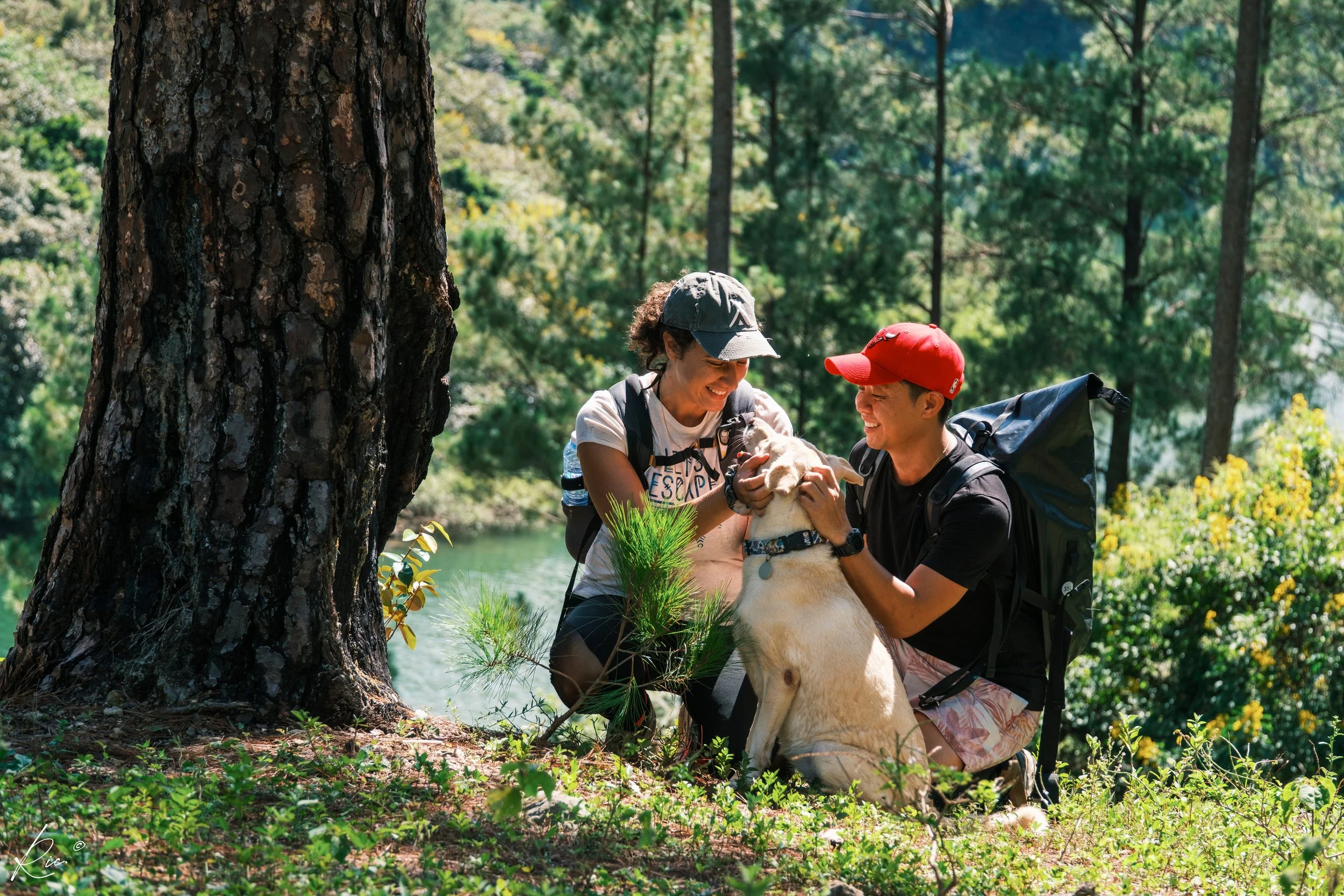 Dos personas con sombreros y mochilas acarician a un perro en un bosque.