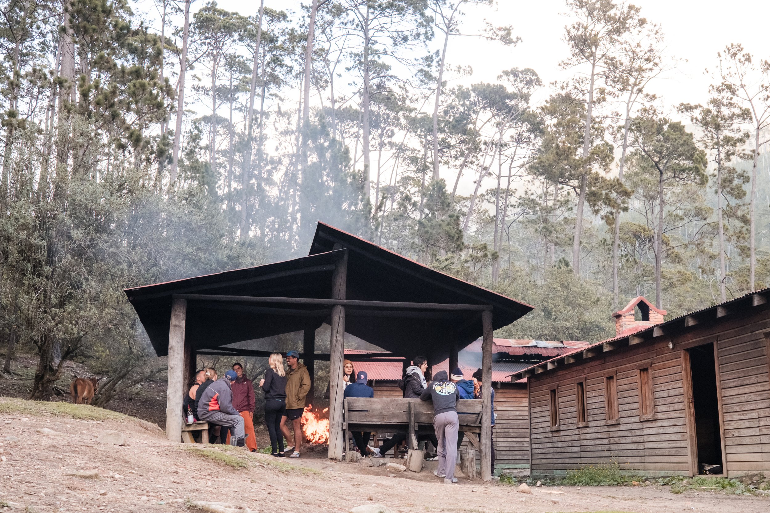 Grupo de personas reunidas alrededor de un fuego bajo un refugio de madera en un bosque, con una cabaña al lado y árboles altos alrededor.