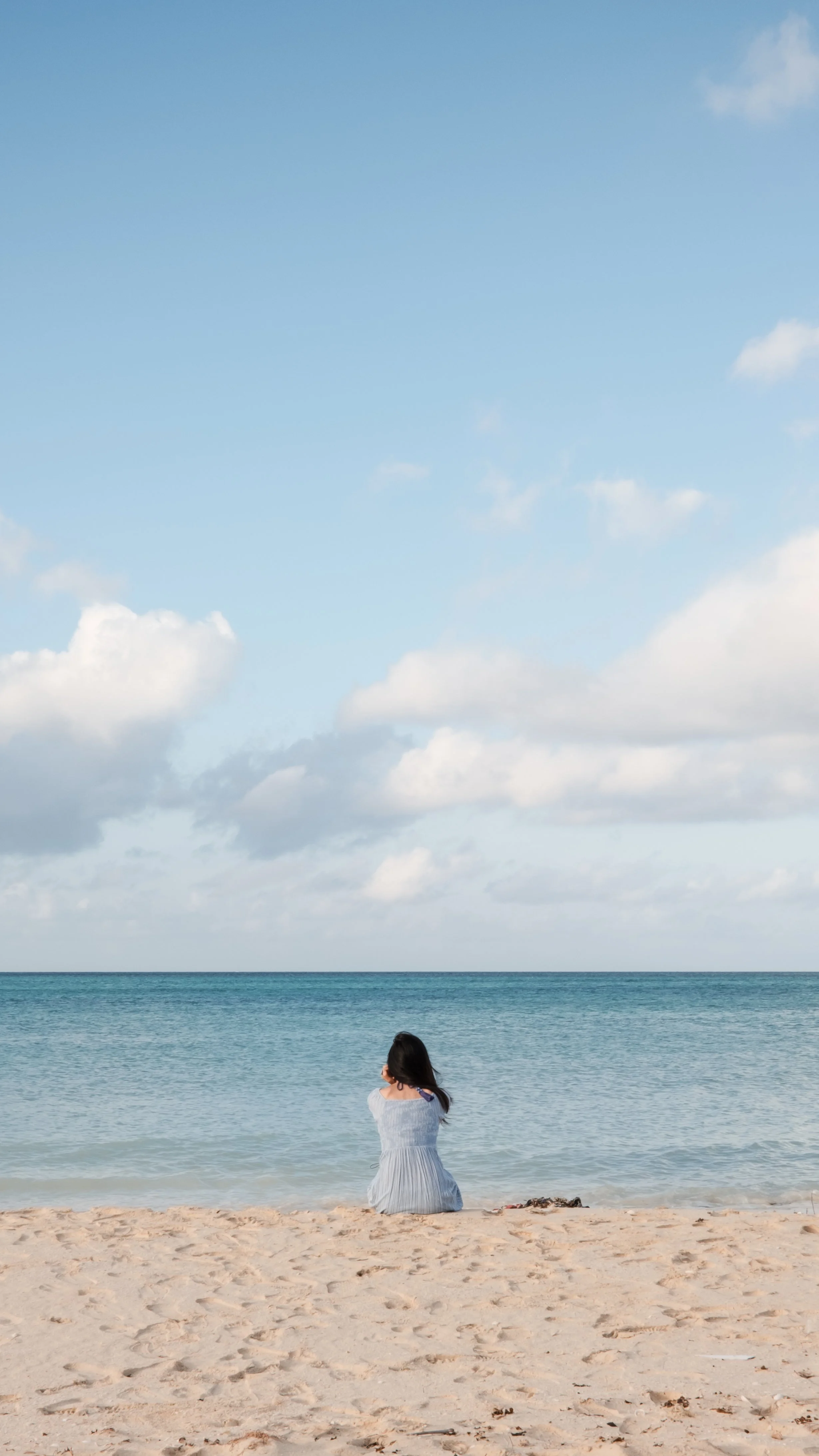 Persona sentada en la playa mirando al mar bajo un cielo despejado.