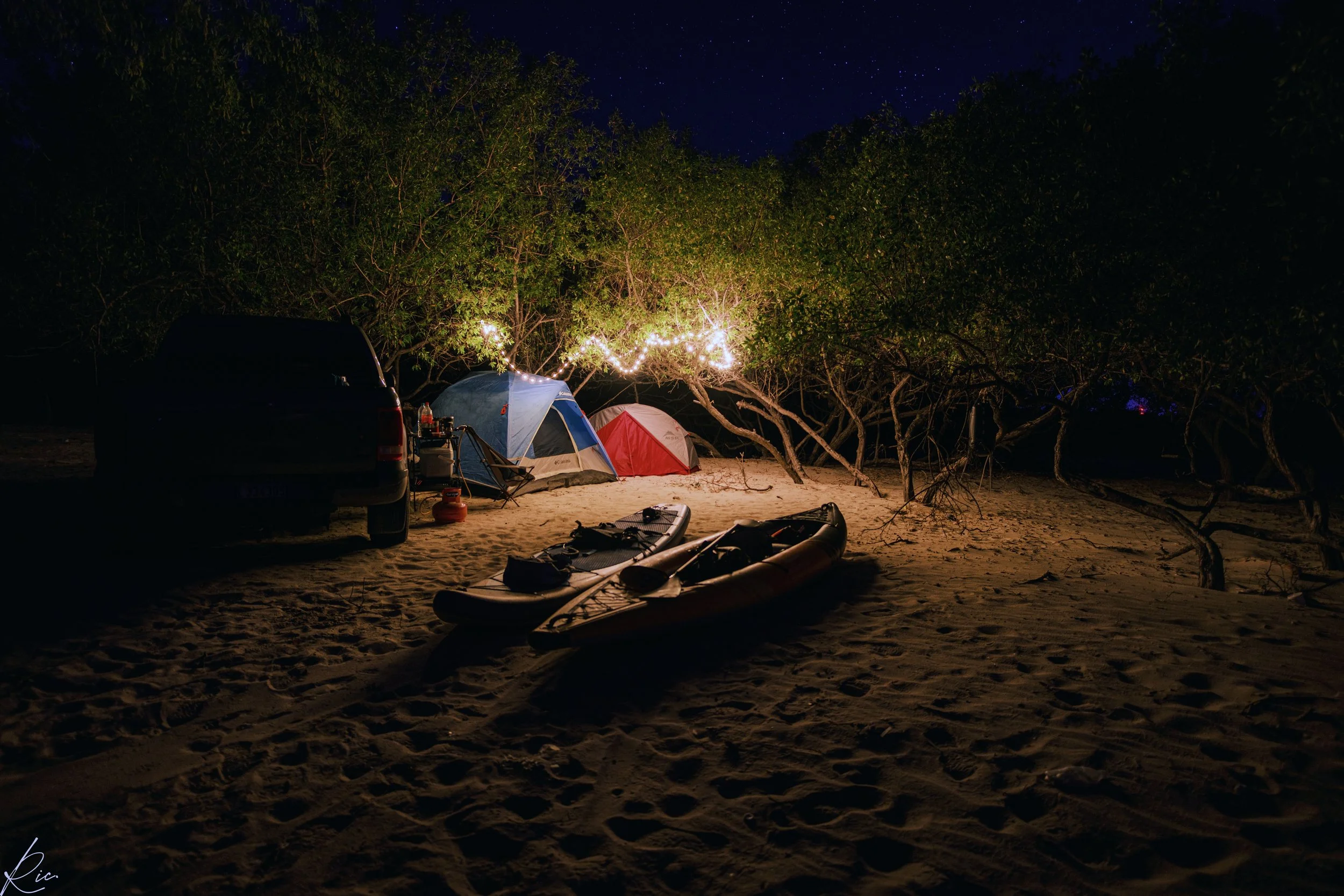 Campamento nocturno en la playa con una camioneta, dos tiendas de campaña iluminadas, kayaks en la arena y árboles alrededor.